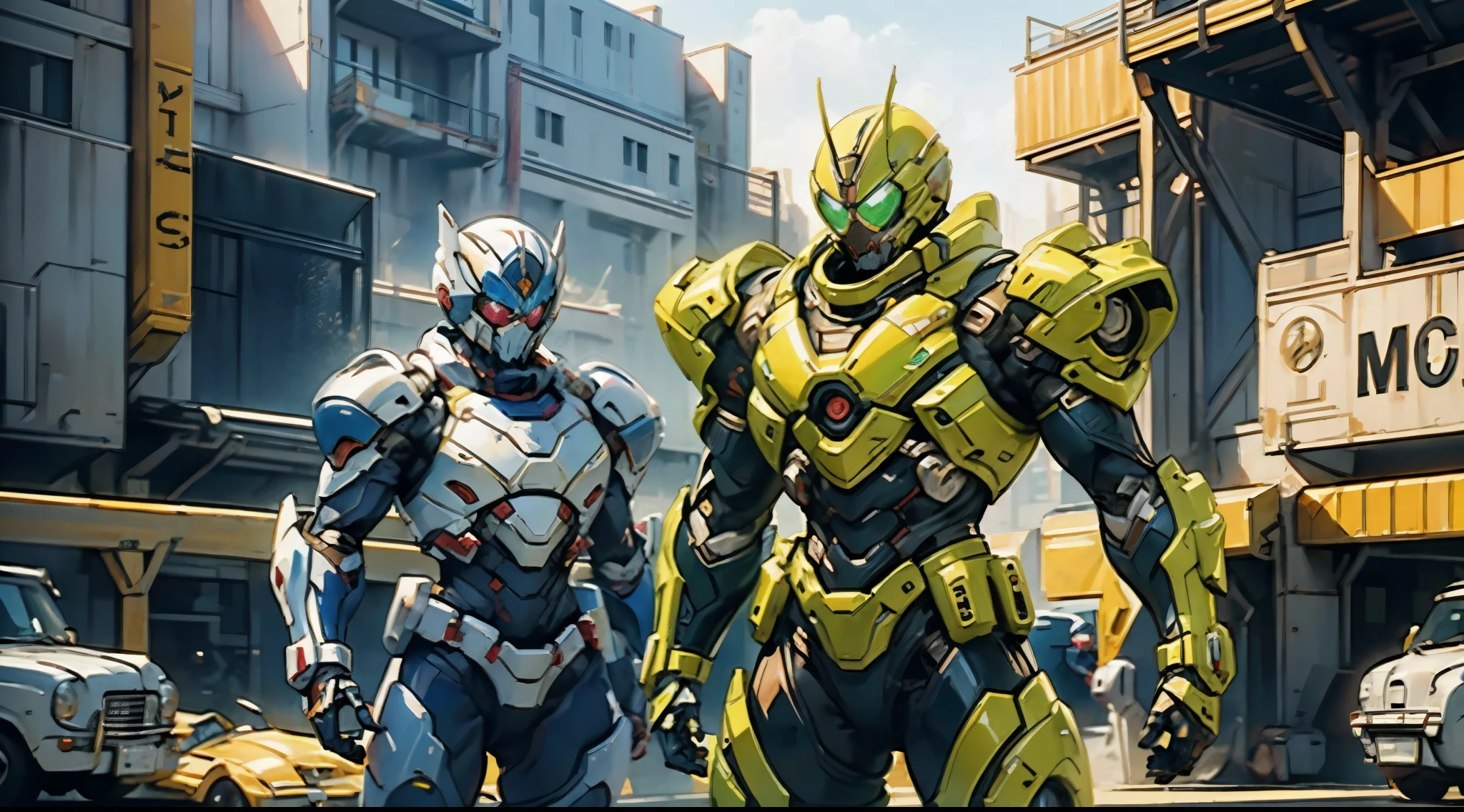 A super a high-tech biotech battle suit, standing on a rooftop, looking over the city, Japanese tokusatsu and American comic style, biometallic texture of the suit, sleek and shiny, dynamic, fast, natural light, cinematic, high quality, high resolution, high detail, sophisticated design, dramatic, high definition, ultra-detailed, ultra-fine painting, extremely delicate, creativity, Natural light, cinematic lighting, best shadow, masterpiece-anatomy-perfect