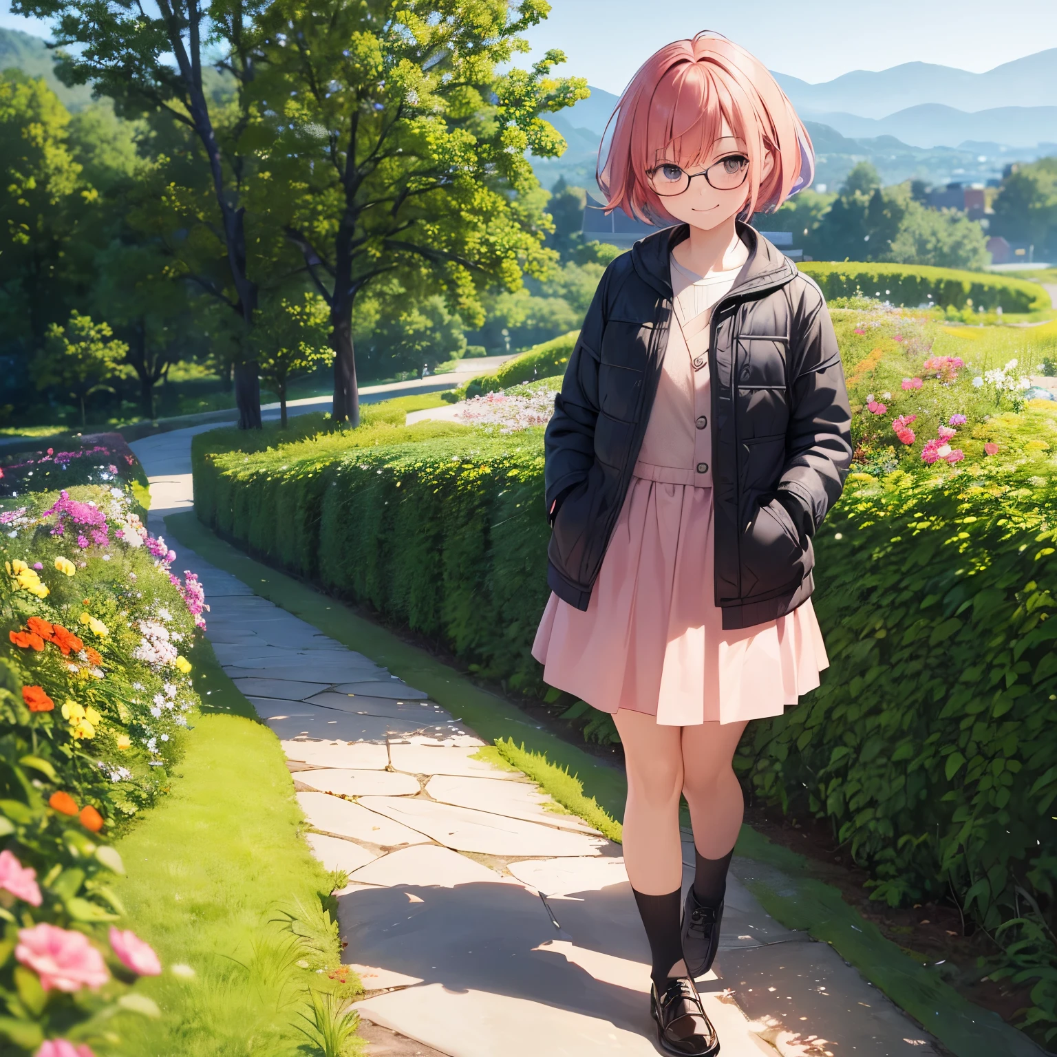 highest quality, masterpiece, 1 girl, alone, black-framed eyewear, pink orange hair, brown eyes, short bob hair, flat chest, Winter clothes, skirt, garden, walking,wood,stream,smile