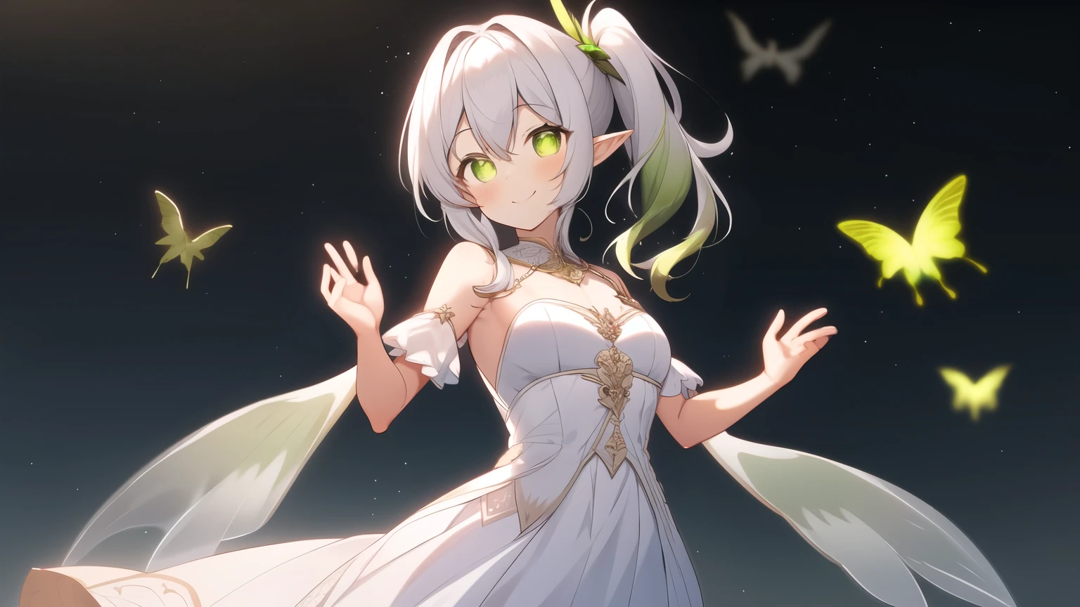 flying at the centre of the sky, bird wings on her back, smile, green eyes, solo, Nahida, (white hair), gradient hair, green hair, side ponytail, long hair, banewewegs, flat chest, long wedding dress, (pointy ears:0.7), CG, dark sky background, masterpiece, best quality, full body, buterflies, extremely details, beautiful hands, beautiful fingers, large breast, glow eyes, 