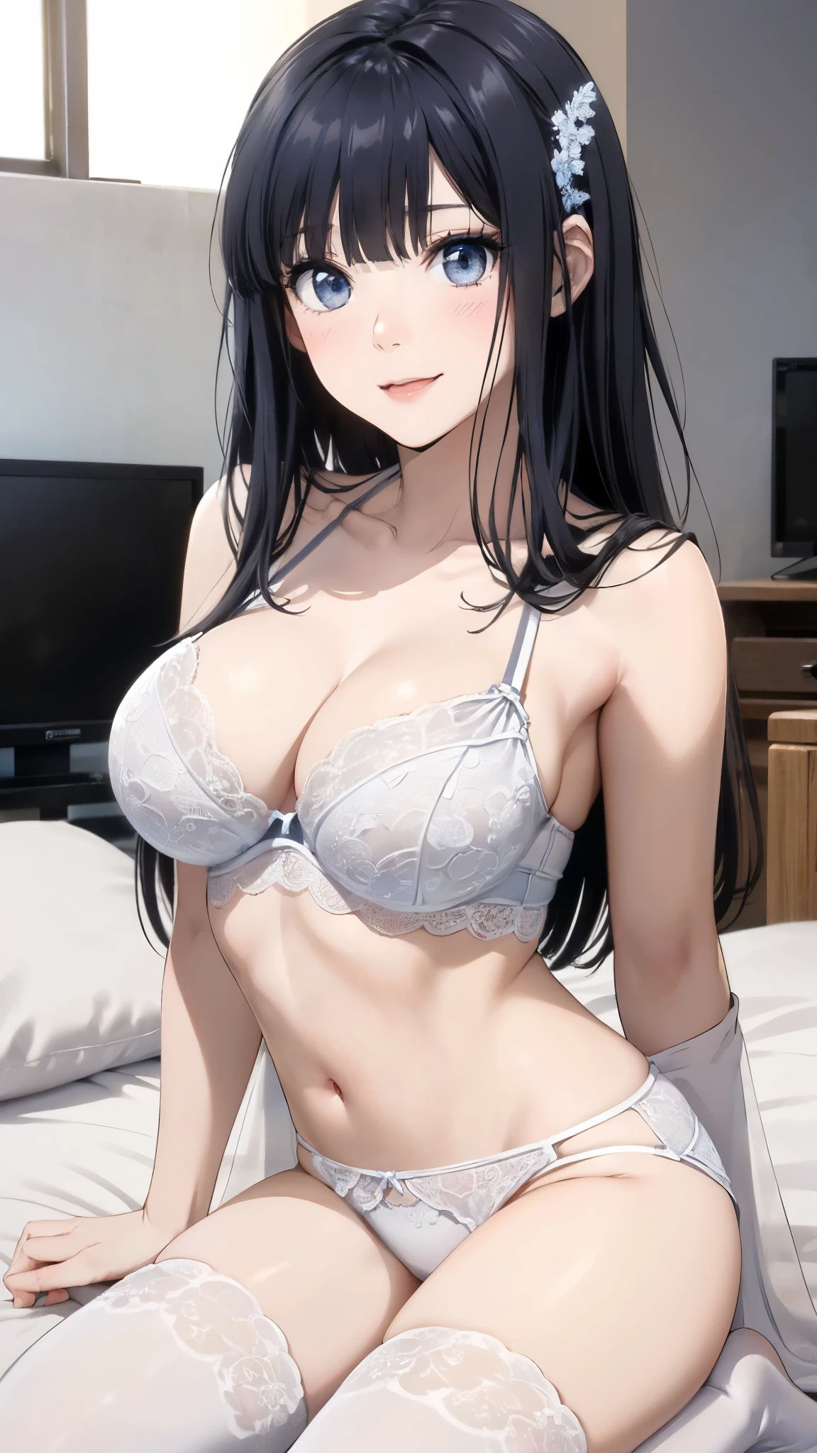 (masterpiece:1.5), very precise detailed,ultra high resolution,(the Extremely Detailed CG Unity 8K Wallpapers:1.5),(Realistic,Photorealsitic,hyper realisitic:1.5),(Aesthetic Anime Eyes:1.4),(18year old:1.4),(View from below:1.5),(A slender:1.4),(large breasts:1.4),(Hands behind the head:1.5),(spread legs:1.2),(white hair ornament:1.4),
(Curve,Model,Farbe care:1.5),Beautiful breasts,Farbe_aberration,beautiful detailed shadow,Beautiful eyes,Beautiful body,Beautiful skin,beautifull hands,(cowboys_shot:1.4),(Seductive smile:1.4),(Kneeling on the bed:1.3),(black thighhighs:1.4),(white panties,lace-trim,an lingerie,lace trimmed legwear,white falbe lace:1.4),(Dark hair:1.4),(Slightly open mouth:1.0),
(Best Quality:1.5), High quality shadows, Beautiful detailed, Beautiful face, Detailed eyes, depth of fields, hight resolution, Best Shadow, Best Illumination, 1girll, view the viewer, black falbe hair, Blunt bangs, Long hair, (Deep blue Farbe eyes:1.3), Shy, (Large breasts:1.4), Miniskirt, Blouse, Blazer, pump,cleavage,Focus on the crotch,(white panties,lace-trim,an lingerie,lace trimmed legwear,white falbe lace:1.4)