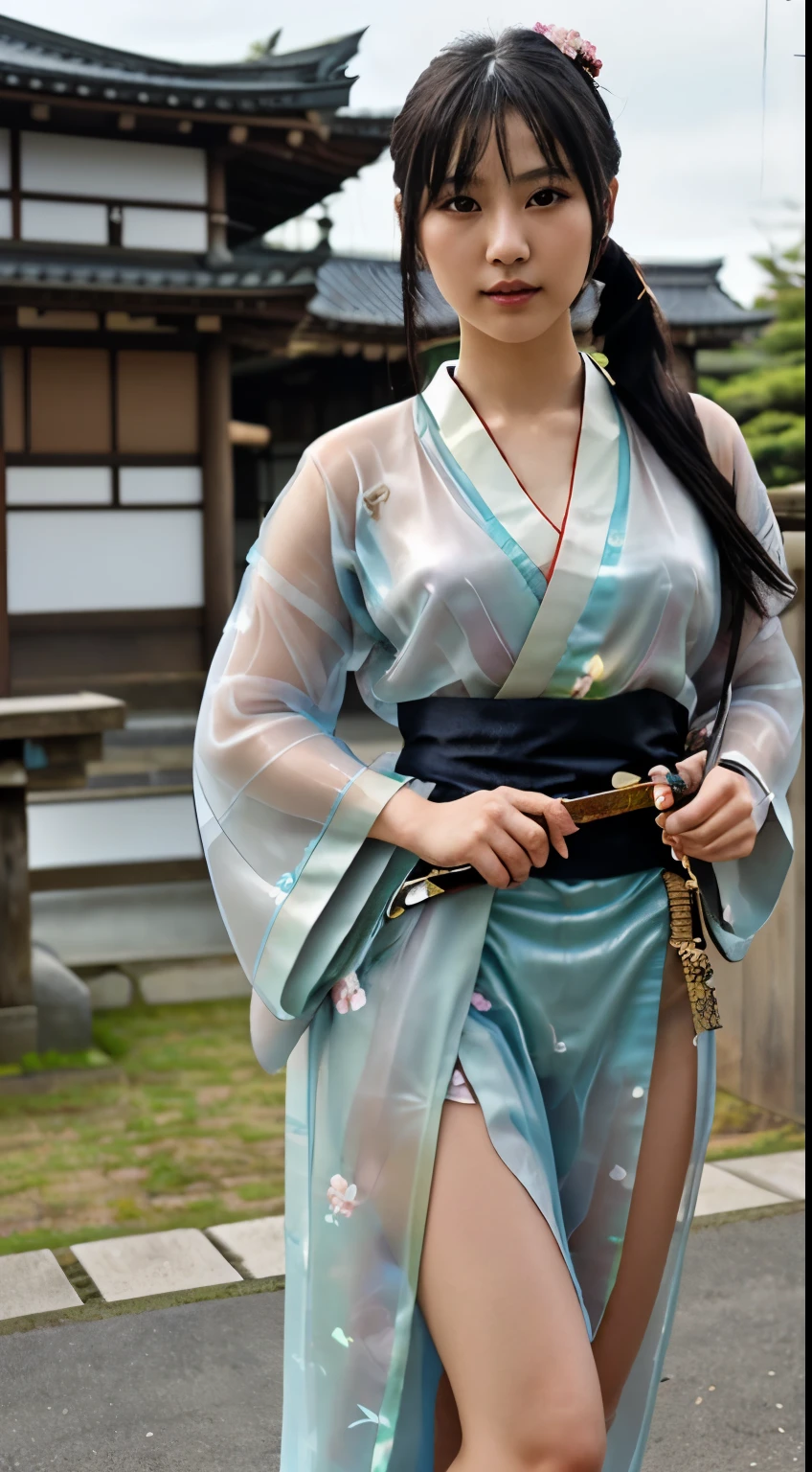 最high quality、high quality、best image quality、8K、最High resolution、High resolution、最high quality、masterpiece、RAW photo、full body photo、realistic atmosphere、(detailed face)、(fine hands、thumb１reference４)、(beauty of japan )、very nice face、cute face、((beautiful japanese girl))、(japanese woman), ((18 year old beautiful girl))、(glossy black hair)、(straight long hair)、(ponytail)、slim style、(shiny skin)、(Fair skin, Glossy skin)、real human skin、realistic human body structure、perfect body， perfect face， perfect hands， perfect fingers， perfect lips， perfect eyes，perfect teeth、perfect background， perfect atmosphere，The shape of the nipple is clearly visible、The shape of the pubic area is clearly visible、professional lighting、japanese traditional、kimono、yukata、In the deep sea of trees、((See-through(kimono、Vertical string loincloth、mask))、((Sit on a stump(Pose showing the loincloth))