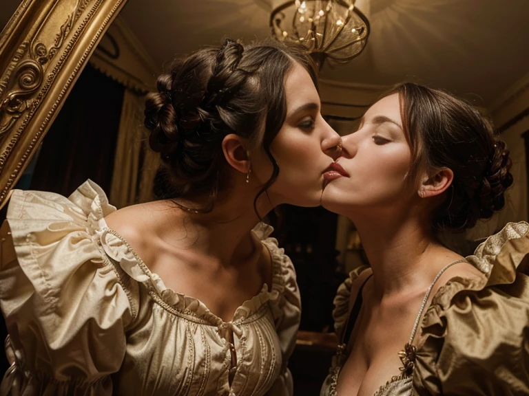 2woman making out,standing, one is dressed in a opulant victorian dress, the other one is dressed like a simple poor farm maid. Kissing and touching eachother, full view, wide angle, wide range, they are in a victorian manor, full body, faces, shot from below, long dresses