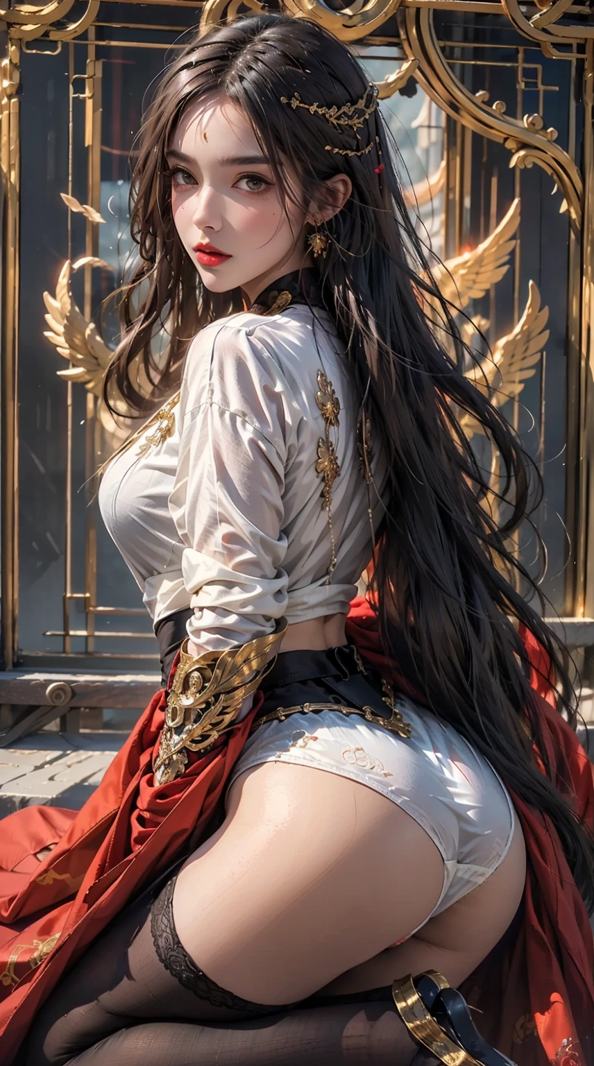 ((Masterpiece, Highest quality)), Detailed face, CharacterDesignSheet,full bodyesbian, Full of details, Multiple poses and expressions, Highly detailed, Depth, Many parteuaty girl,cinmatic lighting,with light glowing,Red and gold,Phoenix decoration,light yarn,Lace,lacepantyhose,high-heels