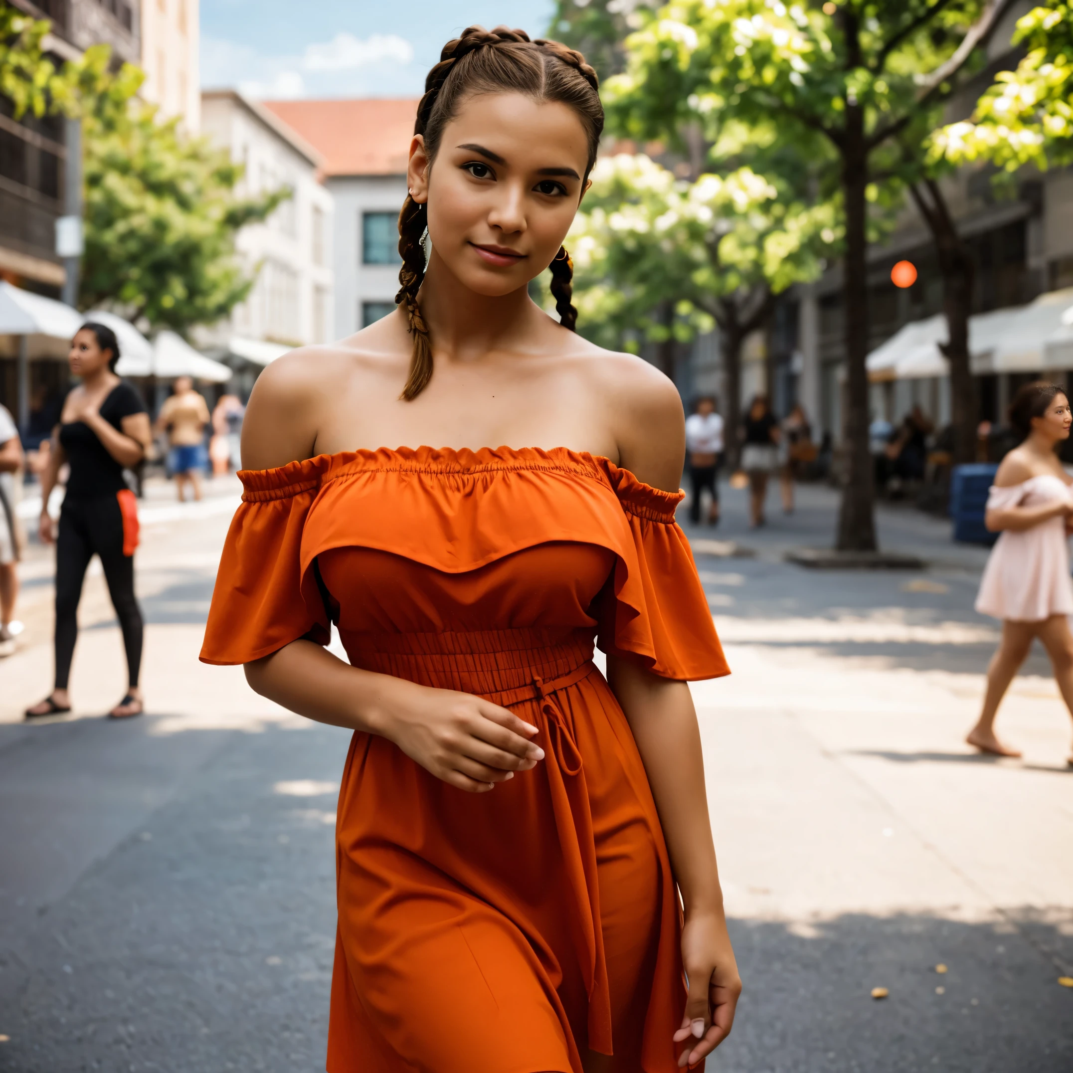 a woman posing on the Street style corner with orange dress on, highest quality, 1 girl, big breasts, Day, bright, blur background, Bokeh, outdoor, (Street style:0.8), (people々, crowd:0.8), (off shoulder dress:1.2), nice, (braided bangs:1.2), beautiful and detailed sky, (dynamic pose:1.2), soft lighting, Wind, shiny skin, (upper body:0.8), (freckles:0.8), mole under mouth,