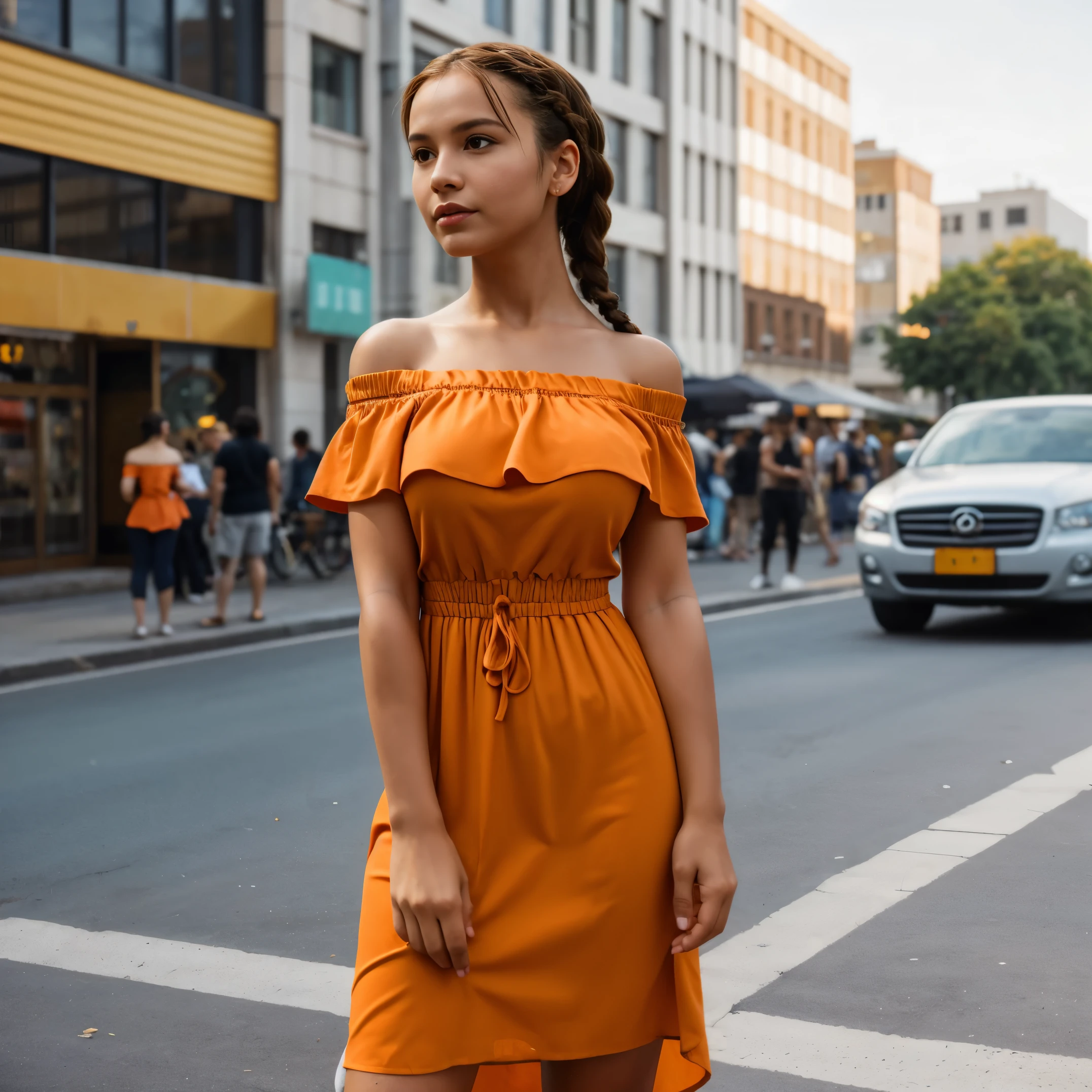 a woman posing on the Street style corner with orange dress on, highest quality, 1 girl, big breasts, Day, bright, blur background, Bokeh, outdoor, (Street style:0.8), (people々, crowd:0.8), (off shoulder dress:1.2), nice, (braided bangs:1.2), beautiful and detailed sky, (dynamic pose:1.2), soft lighting, Wind, shiny skin, (upper body:0.8), (freckles:0.8), mole under mouth, 