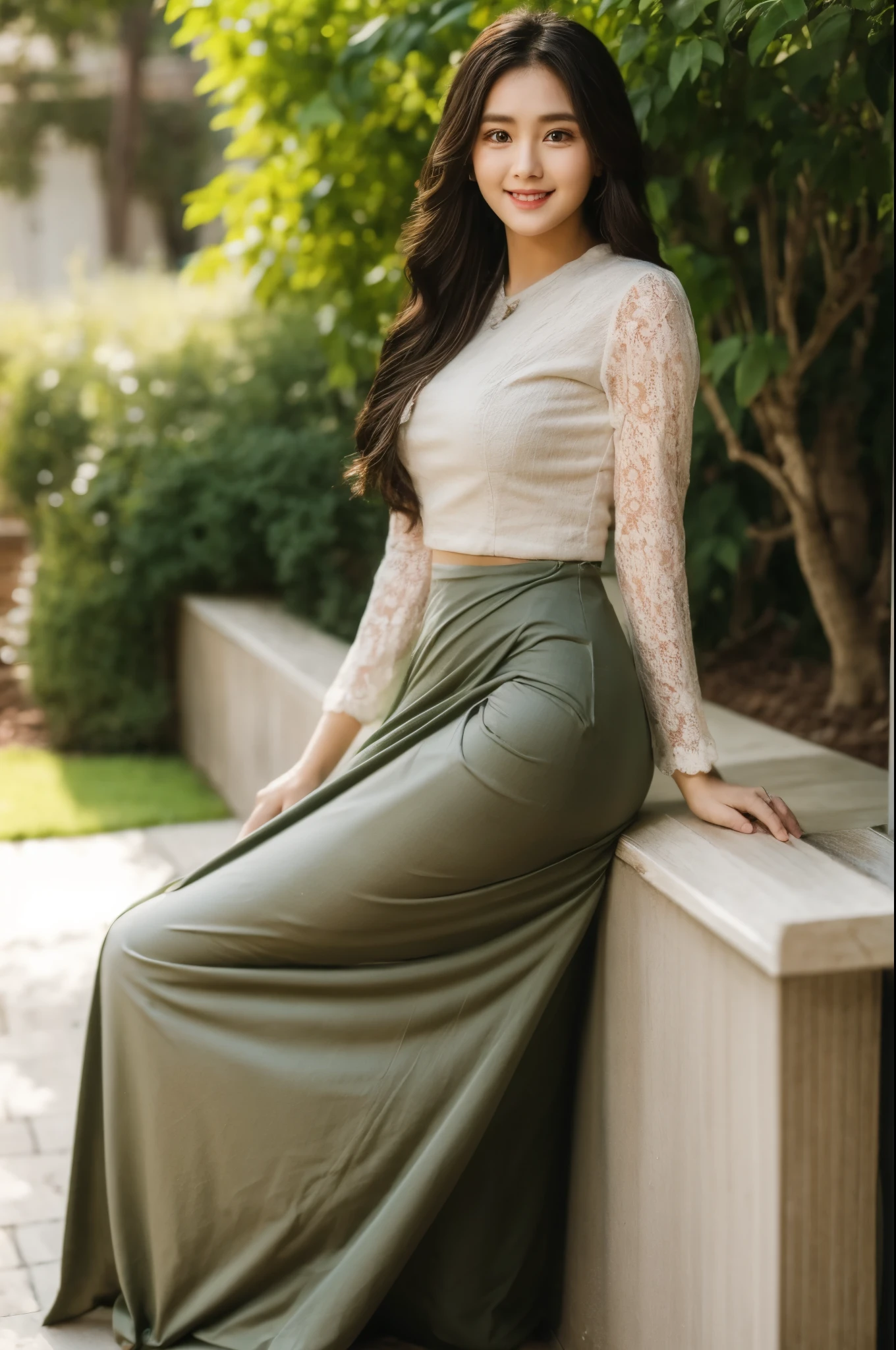 1 beautiful girl,perfect details sweet smile face,glare eyes,acmm ls outfit, wearing acmm top, olive green acmm top, long sleeves, wearing acmm long skirt, olive green acmm long skirt, printed skirt,high res,8k raw photo,photorealistic,details