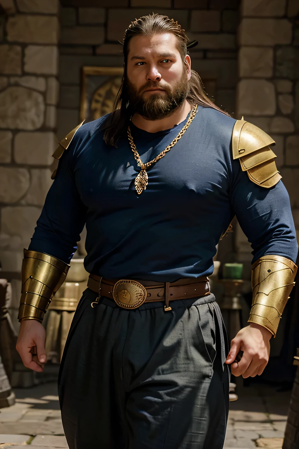 tall ogre swordsman thief fast strong muscular with luxurious hair and beard in long pants in a T-shirt with long sleeves in chain mail to match the gold enchanted armor to match the gold enchanted stone for the king's sword dexterity'Castle
