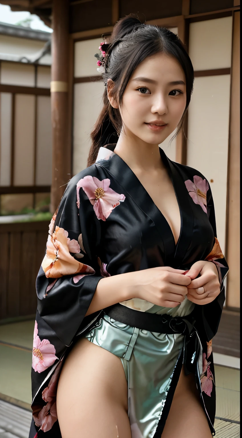 NSFW、最high quality、high quality、best image quality、8k、最High resolution、High resolution、最high quality、masterpiece、Depth of object being written、RAW photo、realistic atmosphere、(detailed face)、(fine hands、thumb1reference4)、(beauty of japan )、very nice face、cute face、((beautiful japanese girl))、(japanese woman), ((18 year old beautiful girl))、(glossy black hair)、(straight long hair)、(ponytail)、whole body、slim style、(shiny skin)、(Fair skin, Glossy skin)、real human skin、realistic human body structure、perfect body, perfect face, perfect hands, perfect fingers, perfect lips, perfect eyes,perfect teeth、perfect background, perfect atmosphere, natural soft light、photon mapping、japanese samurai、japanese samurai、(girl wearing japanese samurai costume)、japanese traditional、((Kimono with floral pattern(Sheer、Sexy、Transparent、Erotic))、In front of a samurai residence in Japan、((Random color with floral pattern(samurai kimono、Hakama with slit))