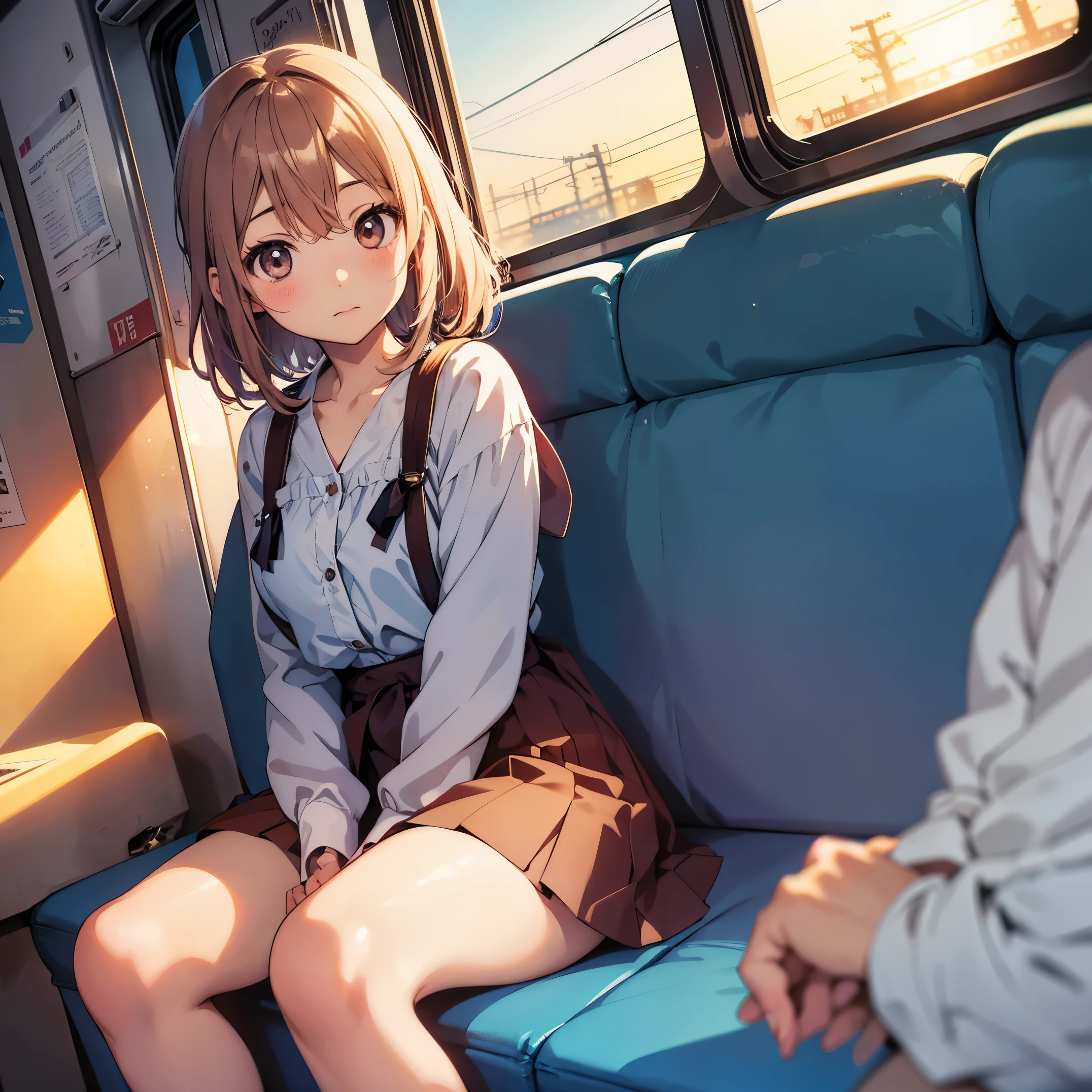 Anime girl sitting on train looking out window, beautiful anime portrait, portrait of lofi at a window, beautiful anime girl, portrait of lofi, lofi girl, portrait anime girl, Gwaites style artwork, high quality portrait, with sunset, attractive anime girl, cute anime girl, realistic cute girl drawing, anime style. 8k