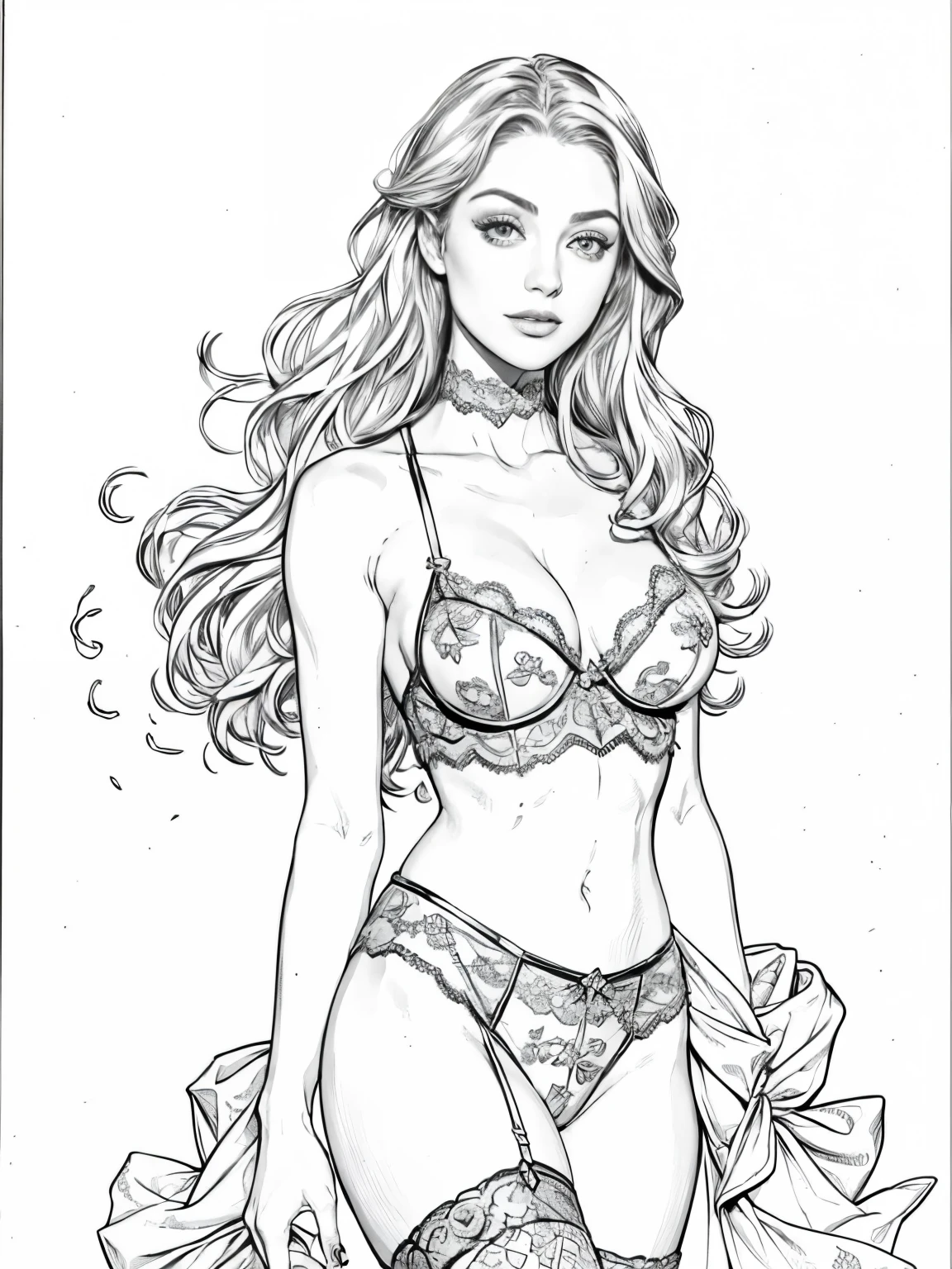 adult colouring book, no detail, outline no colour, fill frame, clipart white background an ultra hot gorgeous european woman, age 23, she’s a men magazine model, she’s a playmate. She wears sheer lace lingerie, high detail adult coloring book page thin black lines white background, Milo Manara style, no shading, b/w image, clean line art, no color,clean simple lineart, vector, ultra realistic