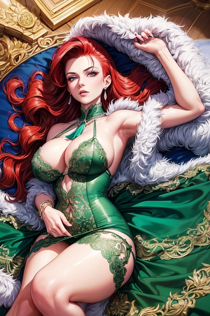 masterpiece, best quality, 1 girl, skinny body, pastel color, blonde hair, extra long hair, curvy hair, (perfect face), purple eyes, (perfect face), detailed eyes, deep purple long turtleneck dress, glitter dress, lace cape, gems, pearls embroidery, elegance gala, luxury interior, shine, portrait, ((fur shawl)), sipping champagne, (close-up portrait:1.4), straight-on, (breast focus:1.2), (perfect female sport figure:1.1), (perfect goddess face:1.1), beautiful eyes, young 20 year old woman, (atmospheric perspective, vanishing point:1.1), (lying sexy, lying on your back on the huge luxury bed, from above and angle:1.4), (view from above and front:1.3), (relaxed fashion curved pose, legs apart, from below and angle:1.2), (action curved sexy alluring pose:1.1), passionate energetic defiant pose, dominant arrogant dynamic pose, fashion composition, eyeliner, eyeshadow, alluring, clean, (deep_bright_red_hair_color:1.1), (1980s slicked back long voluminous wavy bright_deep_redhead hairstyle, evening hair styling:1.4), cleavage, (designer_extravagant_green_lace_bralet:1.1), stylish businesswoman in divine clothes, skindentation, (wearing Haute_Couture business costume:1.2), (extravagant fashion luxury green lace lingerie, green highleg panties, luxury green garter belt, stockings:1.2),(wool red open dressing gown:1.2), (perfect huge breasts, undersized breast cup, tiny waist:1.2), (NY luxury penthouse interior apartment with panoramic windows background:1.3), haut couture, (jewelry, ascot, earrings:1.4),(secretary_teacher_fashion clothing style:1.2), (2000s fashion tatler magazine cover photo style:1.5), (32k,ultra realistic:1.2), highres, ultra highres, intricate details, (masterpiece:1.4), (photorealistic:1.4), (high detailed skin:1.1),(dslr, high quality:1.1), ultra detailed, extremely detailed, diffuse light, film grain, masterpiece, hires, best quality