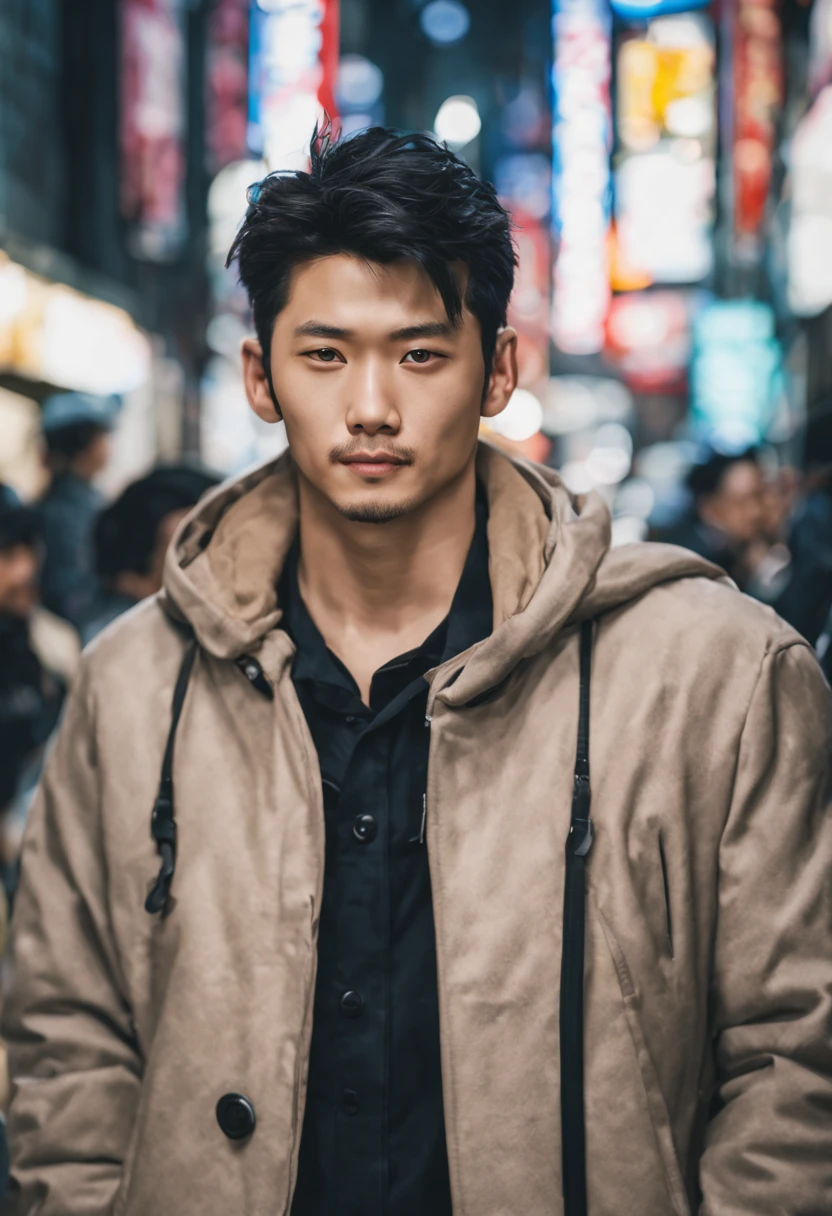 Photorealsitic, 8K full body poster, a handsome, japanes, a 25-year-old man, A charming expression, detailed face details, TOKYOcty, Winters, Shibuya in the back