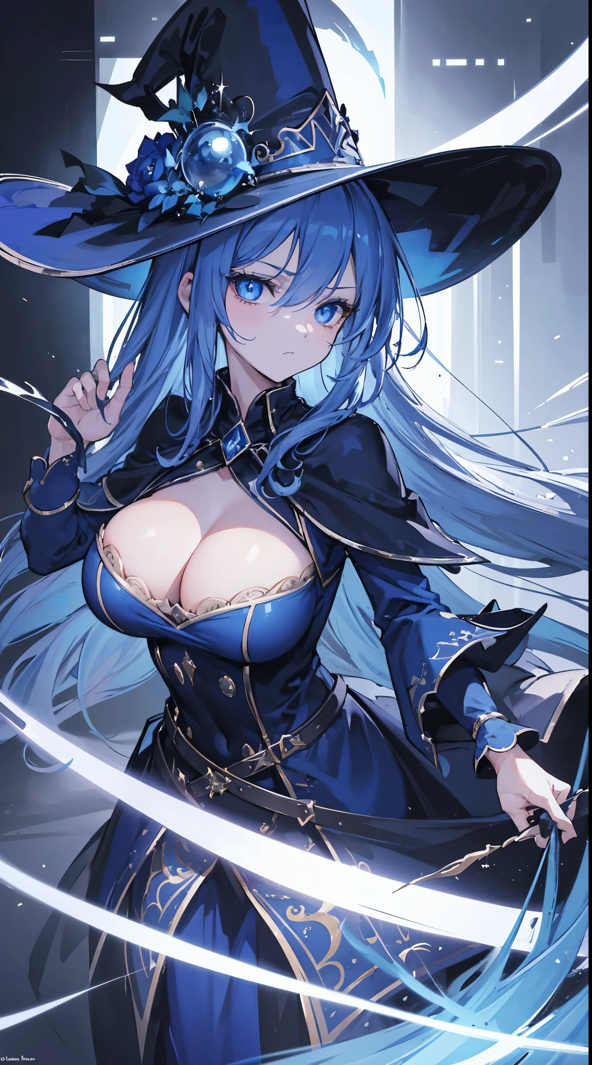 (extremely detailed 8K wallpaper),(ultra-detailed),(best quality),(masterpiece),(vertical painting),(highly detailed),(cinematic lighting),A beautiful girl stands in front of the magic ball,long black hair,blue eyeagician image))),Wide hat,cold eyes,((cold expression)),Chemical instruments are placed around