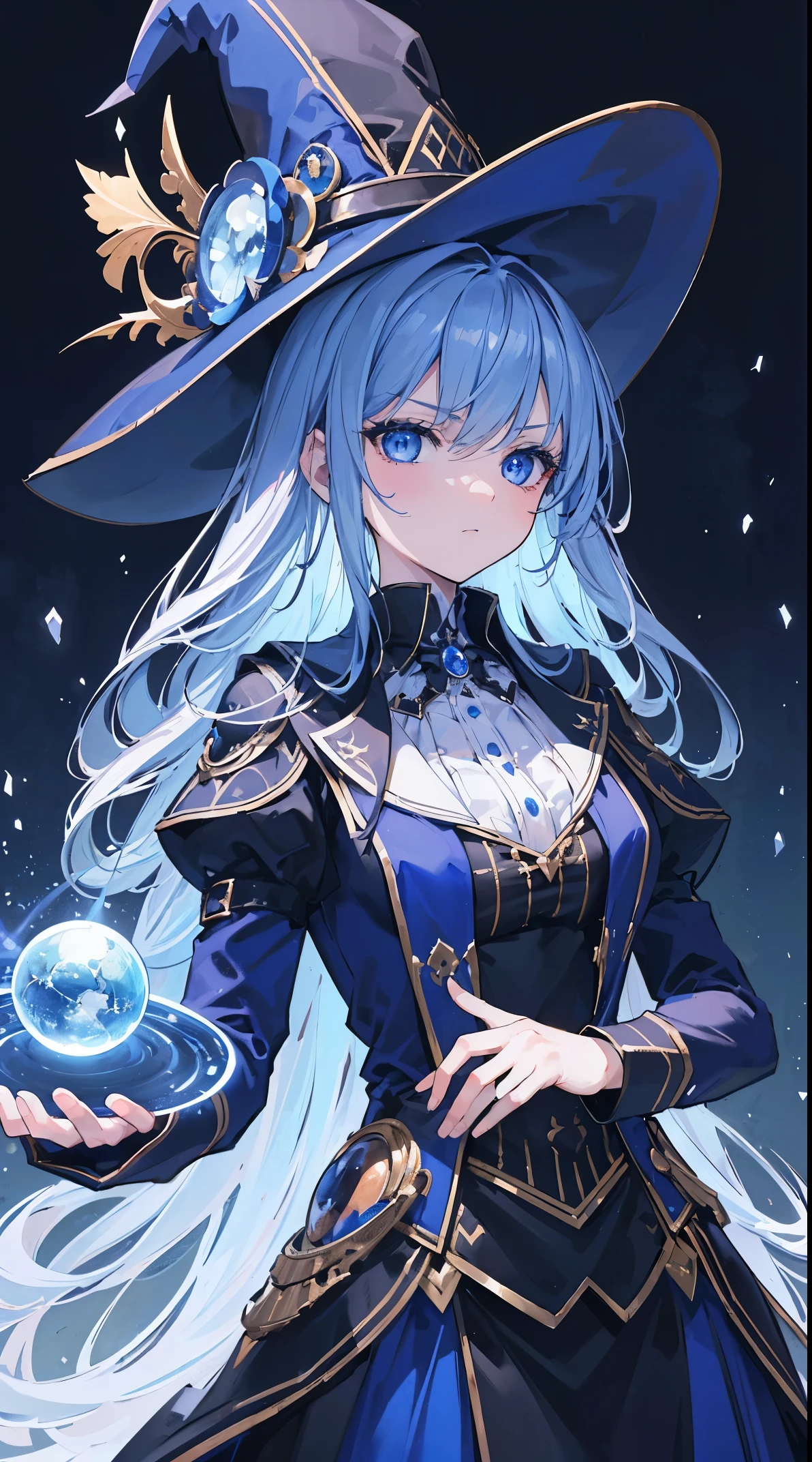 (extremely detailed 8K wallpaper),(ultra-detailed),(best quality),(masterpiece),(vertical painting),(highly detailed),(cinematic lighting),A beautiful girl stands in front of the magic ball,long black hair,blue eyeagician image))),Wide hat,cold eyes,((cold expression)),Chemical instruments are placed around