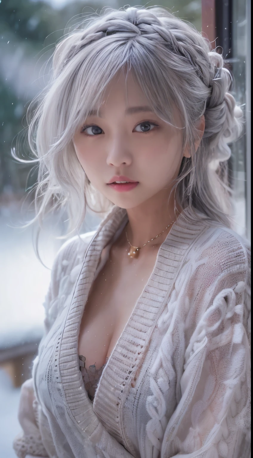 (white oversized knitted sweater:1.3), upper body, (A Japanese Lady), midium hair, excited expression, Looking at Viewer, in snowy forest, Snowy wind, Twilight rays, SIGMA 85 mm F/1.4, (masuter piece), (Low contrast:1.1), (highlydetailed skin), (very detailed lipest Quality:1.0), (超A high resolution:1.0) ,(photographrealistic:1.2), (ultra-detailliert:1.0), (8k RAW photo:1.1), large breasts, look at the viewer, Sexy Pose, silver hair, Dark skin、Brown skin、strongly tanned skin、Gal style necklace、Gal style bracelet、Gal Style Accessories