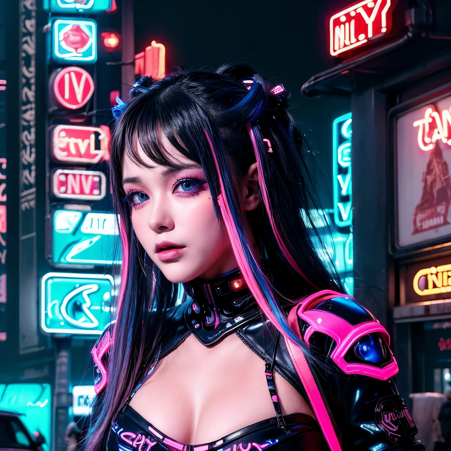 (0best quality, beautiful and aesthetic:1.2),(1 jeune fille dans:1.4),tout le corps,([rose|bleu] Cheveux:1.5),Very detailed,(Art fractal:1.3),(colored:1.5),highest details,(Neon background:1.4),(Neon city:1.75),nuit,gros seins,(gothique_Lolita:1.2),talons hauts,rougir,(Cyberpunk:1.4), Brunette, Seins colossaux, rich colors hyper realistic and realistic texture dramatic lighting