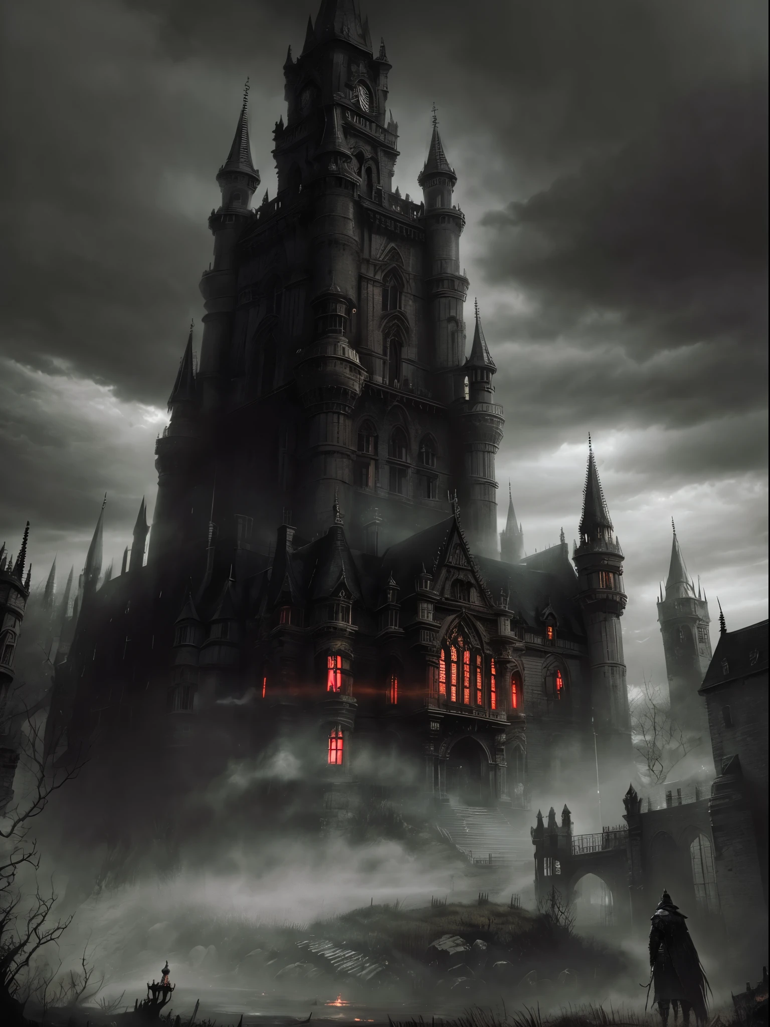 Bloodborne, Victorian, smoke, mist, black monochrome, gloomy, dark clouds, castle, red lights