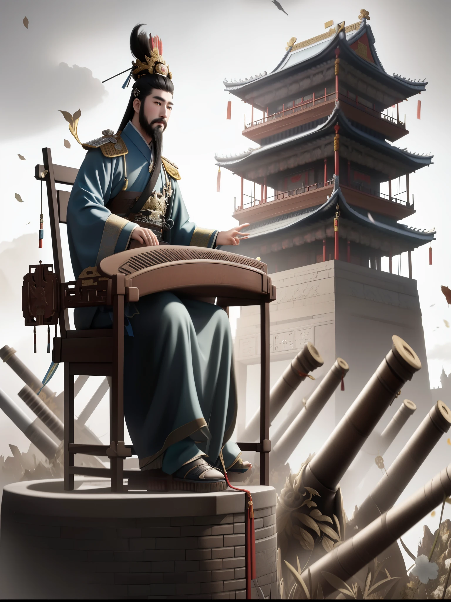 Franco-German image of a Chinese man sitting on a chair in front of the tower, chinese three kingdoms, from three kingdoms, Emperor Xuande, by Qu Leilei, inspired Emperor Xuande, guan yu, Inspired by Zhang Sengyao, Inspired by Hu Zaobin, three kingdoms, inspired by Fenghua Zhong, by Bian Jingzhao