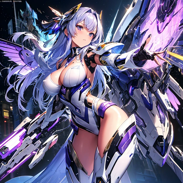 ((masterpiece:1.2)), ((highest quality)), detailed metal texture, detailed cloth texture, extreme detailed description, (T-maste piece), super fine illustration, highly detailed face, raw photo, professional, ultra-fine painting, perfect anatomy, real, ((Solo)), ((Mecha Angel Beautiful woman in costume)), Beautiful breasts, Concept art, (Combat pose), Detailed science fantasy art, (Beautiful shiny silver hair), ((Has large amethyst purple mecha wings)), (Robot:1.2)Smooth and menacing design, (action pose), (amethyst purple all-range combat equipment armor dress for marshals), otherworldly, starry sky, no robot, (NSFW)