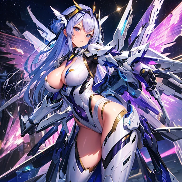 ((masterpiece:1.2)), ((highest quality)), detailed metal texture, detailed cloth texture, extreme detailed description, (T-maste piece), super fine illustration, highly detailed face, raw photo, professional, ultra-fine painting, perfect anatomy, real, ((Solo)), ((Mecha Angel Beautiful woman in costume)),  Beautiful breasts, Concept art, (Combat pose), Detailed science fantasy art, (Beautiful shiny silver hair), ((Has large amethyst purple mecha wings)), (Robot:1.2)Smooth and menacing design, (action pose), (amethyst purple all-range combat equipment armor dress for marshals), otherworldly, starry sky, no robot, (NSFW)