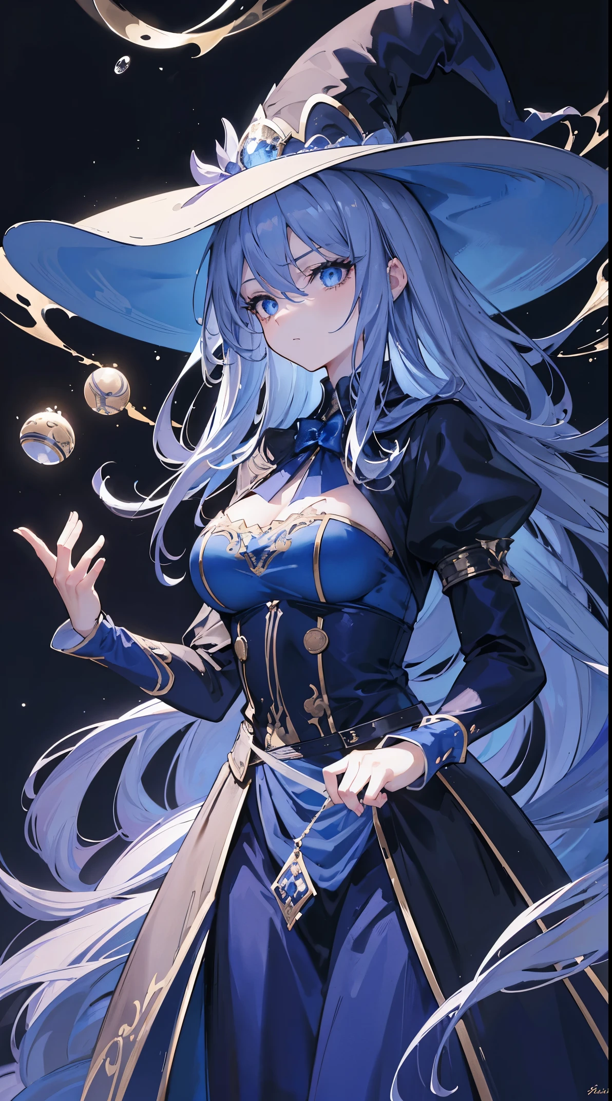 (extremely detailed 8K wallpaper),(ultra-detailed),(best quality),(masterpiece),(vertical painting),(highly detailed),(cinematic lighting),A beautiful girl stands in front of the magic ball,long black hair,blue eyeagician image))),Wide hat,cold eyes,((cold expression)),Chemical instruments are placed around
