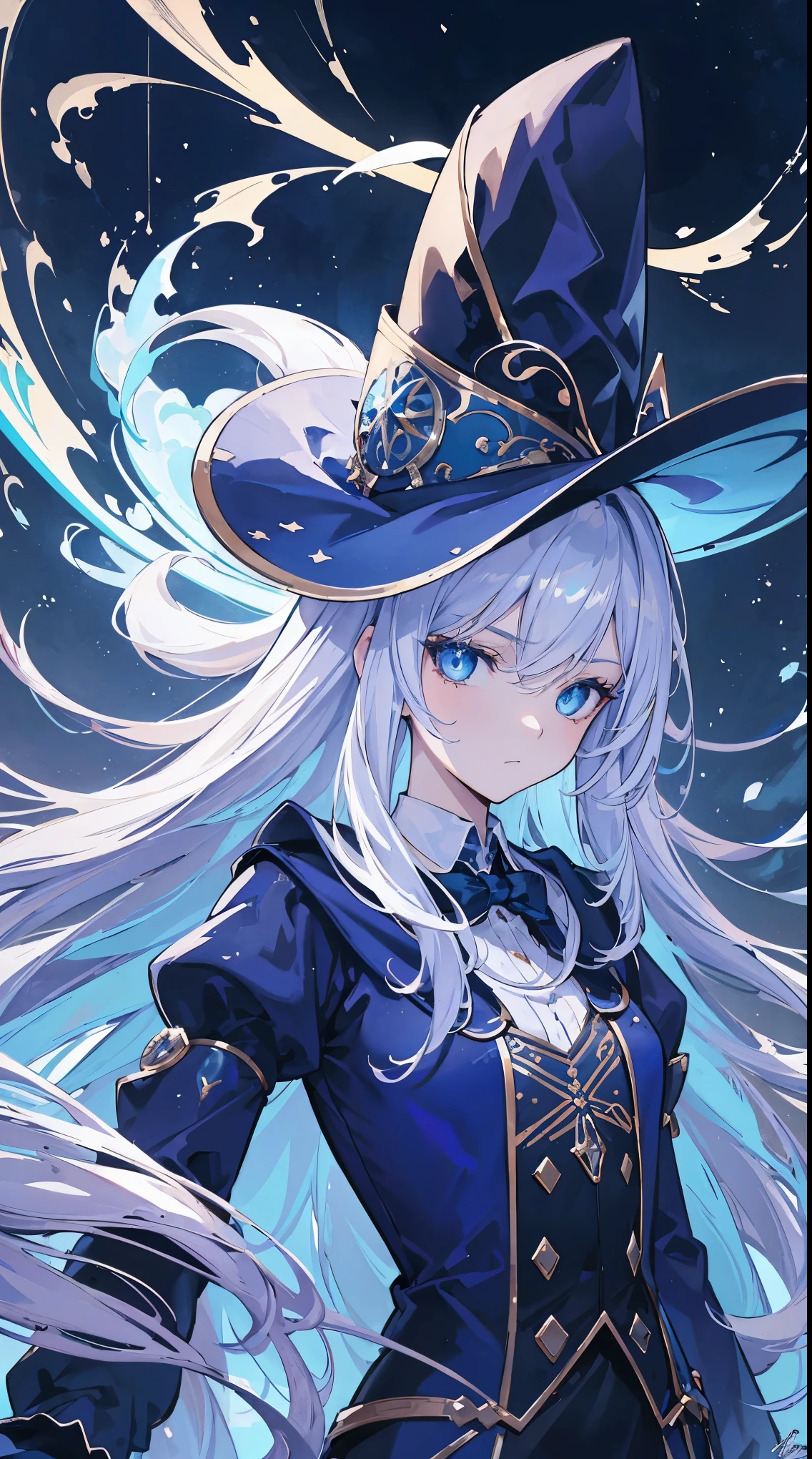 (extremely detailed 8K wallpaper),(ultra-detailed),(best quality),(masterpiece),(vertical painting),(highly detailed),(cinematic lighting),A beautiful girl stands in front of the magic ball,long black hair,blue eyeagician image))),Wide hat,cold eyes,((cold expression)),Chemical instruments are placed around