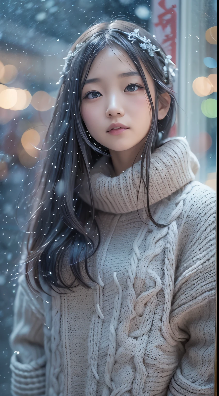 stand in front of the Christmas show window, japanese woman,  (oversized knitted sweater:1.3), snowing, pupils sparkling, silver long hair, depth of field, f/1.8, anatomically correct, textured skin, super detail, high details, high quality, super detail, high details, high quality, best quality, highres