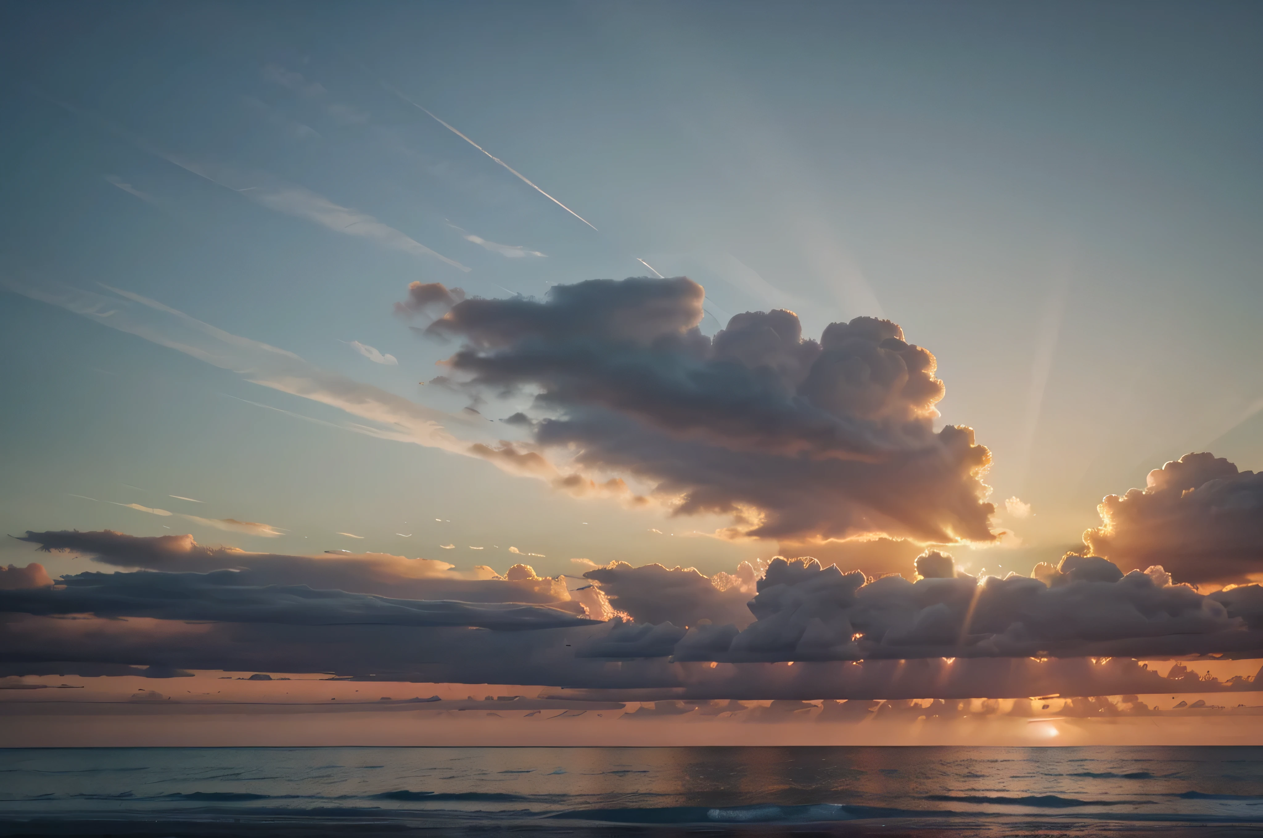 Create a stunning 2000x7000px wallpaper featuring a tranquil evening sky filled with mesmerizing clouds. Capture the beauty of the sunset, blending warm hues on the horizon, with soft and ethereal cloud formations overhead. Infuse a sense of serenity and magic into the scene. Consider enhancing the colors and textures to evoke a peaceful atmosphere. The final image should be suitable for use as a captivating wallpaper that transports viewers to the beauty of a tranquil dusk sky, pastel color.