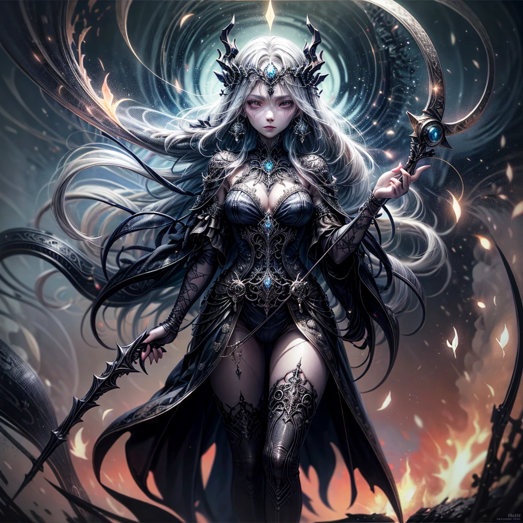death's scythe with flames, death goddess, dark intricate background, grim reaper, fiery aura, ethereal presence, ominous shadows, haunting atmosphere, macabre beauty, swirling smoke, menacing silhouette, glowing embers, mystical and foreboding, eerie glow of moonlight, foretelling doom, spectral figures, chilling winds, otherworldly realm.