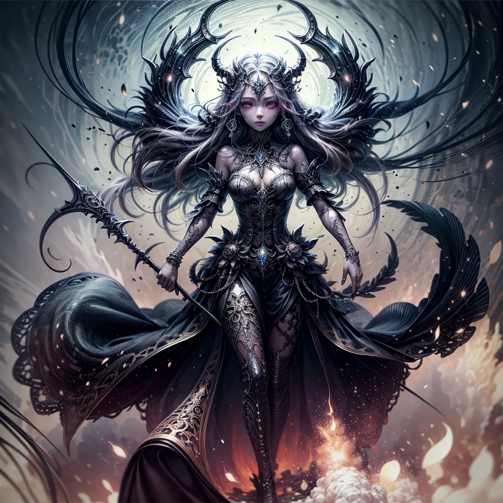 death's scythe with flames, death goddess, dark intricate background, grim reaper, fiery aura, ethereal presence, ominous shadows, haunting atmosphere, macabre beauty, swirling smoke, menacing silhouette, glowing embers, mystical and foreboding, eerie glow of moonlight, foretelling doom, spectral figures, chilling winds, otherworldly realm.