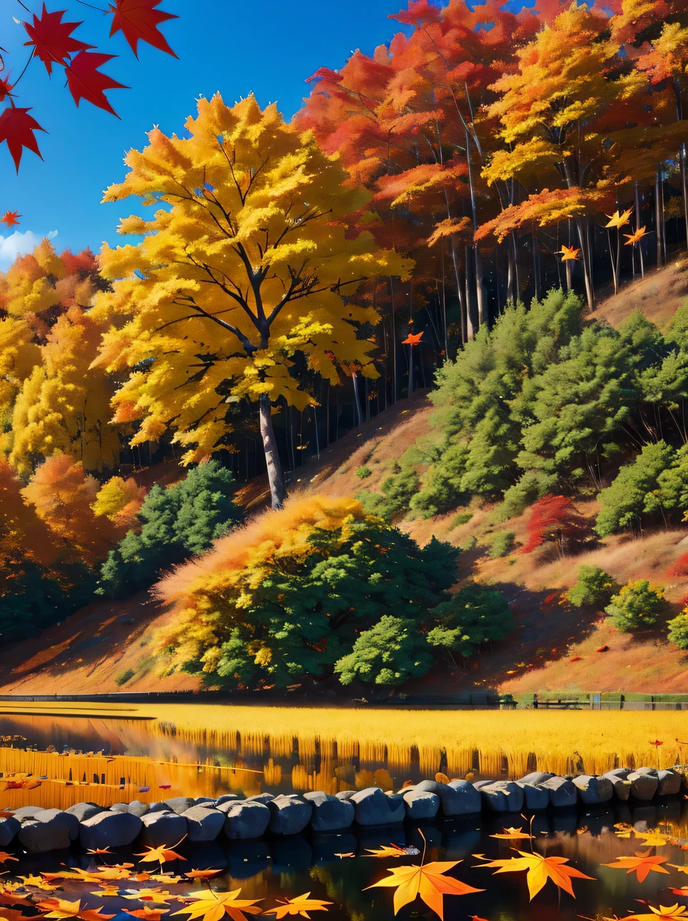 (Autumn leaves tell the story of autumn. Close-up of leaves flying like butterflies in the blue sky.),Photos of autumn maple leaves dancing in the wind in Kanas,dye maple leaves red,it'A different kind of enjoyment,maple leaves like fire,golden rice fields,And the gentle sunshine,a beautiful picture