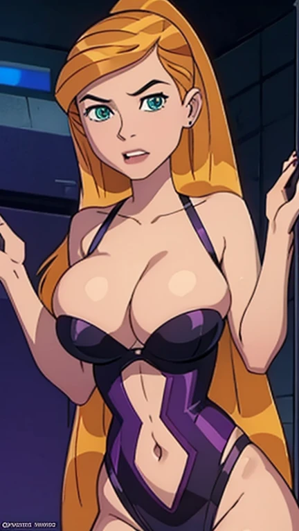 Gwen Tennyson the busty woman from Ben 10 looking like a hot babe,gourgeous goddess,beautifull,cute face with a large,curvy voluptuous body, massive breasts, thick thighs wearing revealing clothing