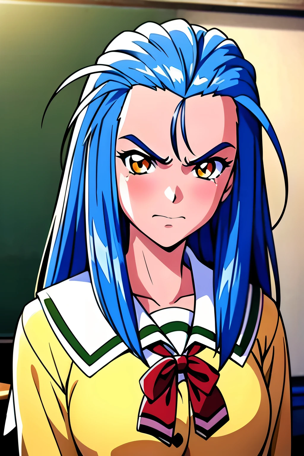 MinazukiKotoko,((a young girl１people))),(((Beautiful blue hair))),((リアルなpeople々object image)),(Reality),((best quality)),(muste piece),(highest quality),((Highest image quality)),((highest resolution)),((fine details)),((beautiful detailed face)),((angry expression:blush)),(Beautiful detailed orange eyes),((looking at the camera)),(upward glance),beautiful detailed nose,(open your mouth slightly),((beautiful white skin)),((Wear school uniforms)),(precise arms),((big breasts)),((Accurate and beautiful upper body)),(((Photographed mainly on the face and chest))),((indoor:school classroom:detailed background)),