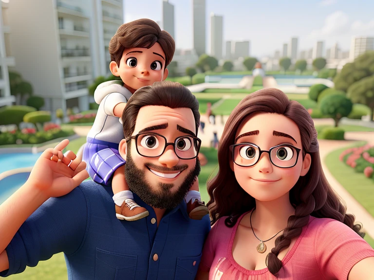 una mujer y un hombre mirando a la camara y sonriendo, The man holds a little girl on his shoulders Um cute Jardim no fundo da imagem, hiperrealista detallada