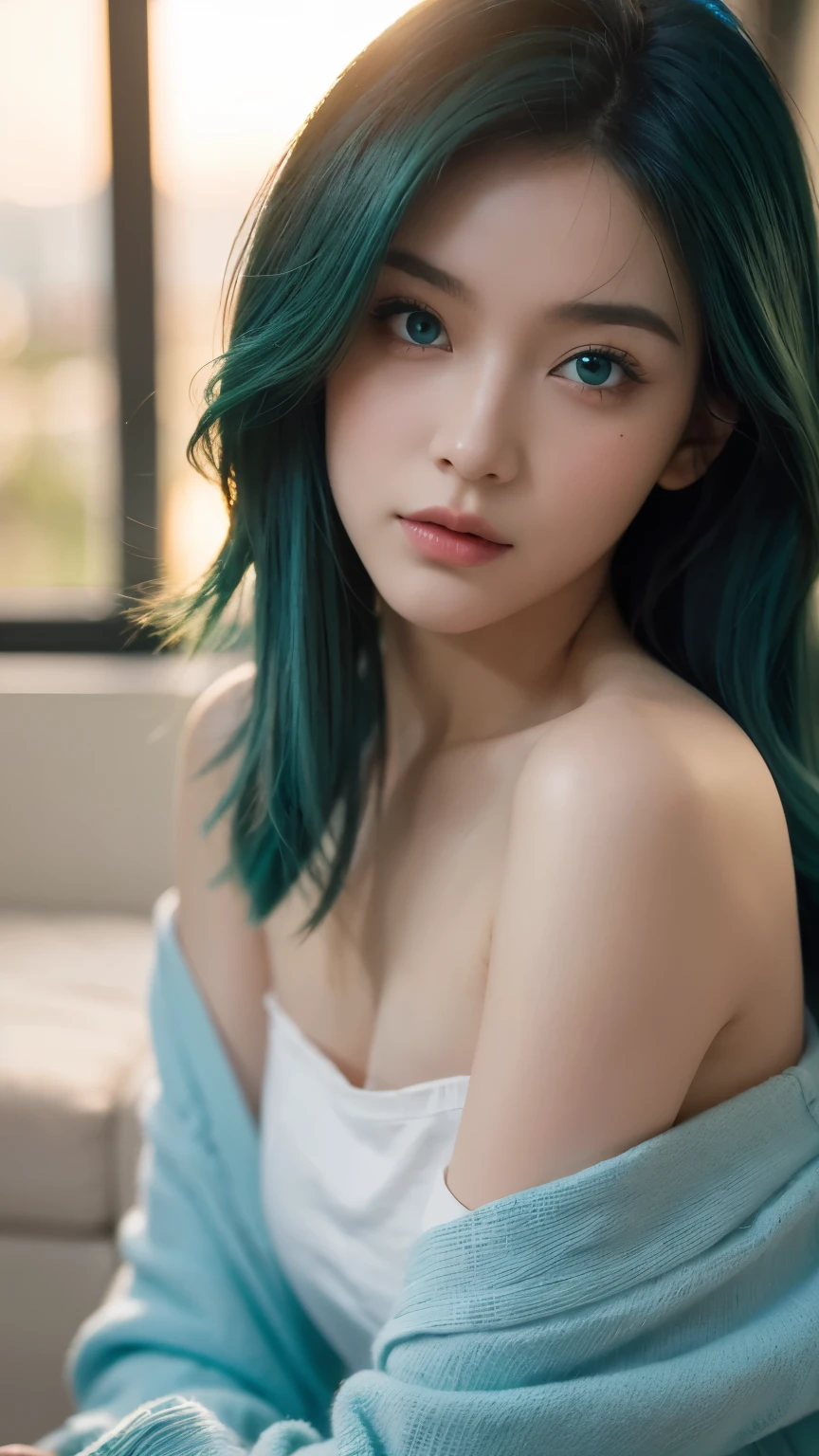 best quality, masterpiece, ultra high resolution, (actual: 1.4), original photo, 1 sister, Green-eyed, Off-the-shoulder style, movie lighting, blue hair, at sunset