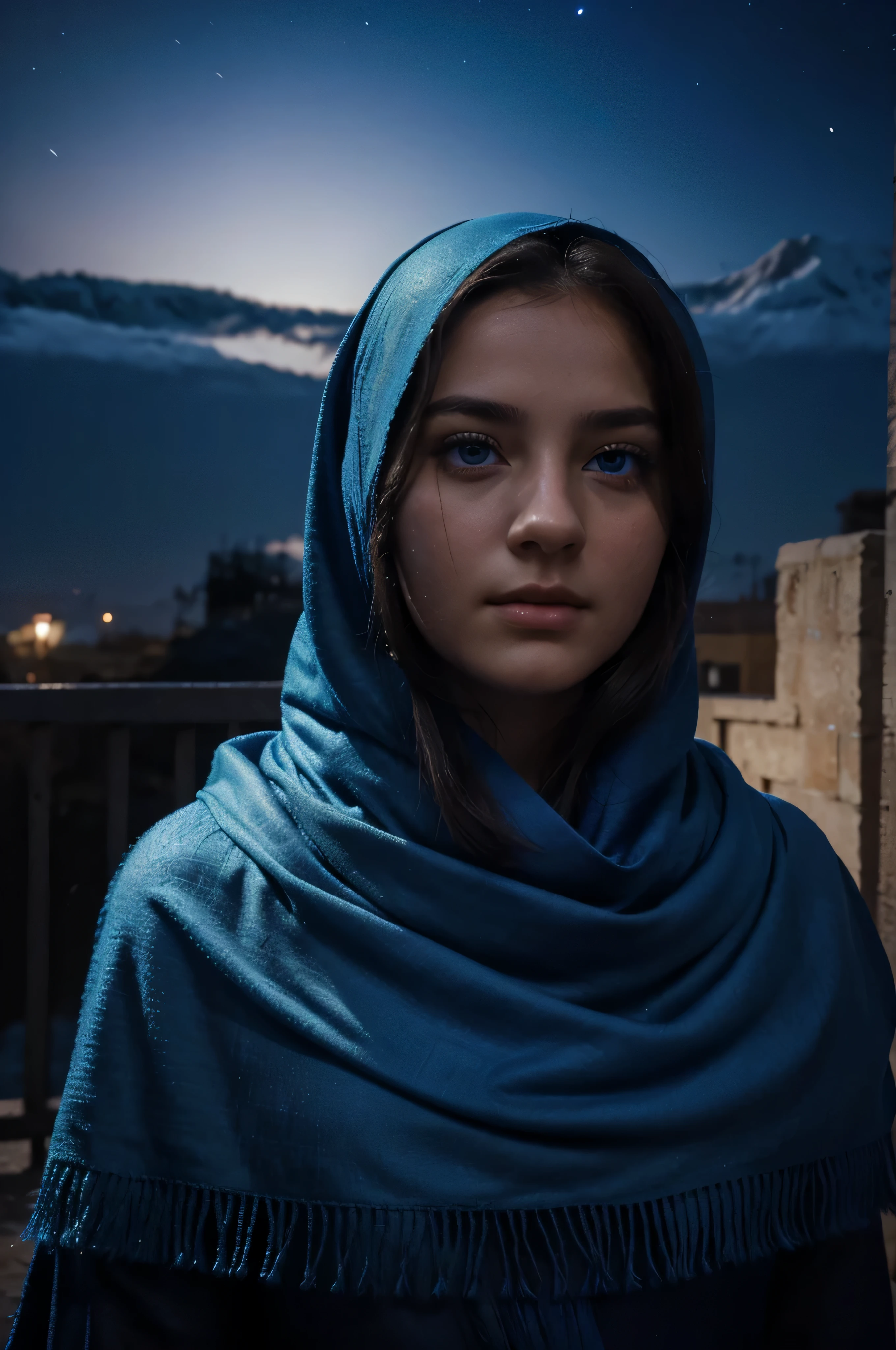 The big handsome 35 years old man behind the background, half human half evil, and the beautiful Girl having blue eyes wearing shawl on her head, dreaming, realistic picture clear face, night view, fantasy place, Make the iconic Movie Poster, 8k picture quality.