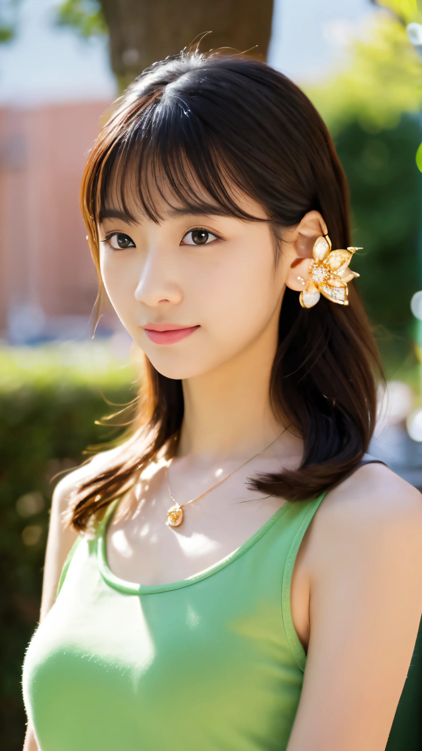 (masterpiece, highest quality, Super detailed, High resolution, confused, 最高ofイルルーム・ネーション, finely, bloom, 顔of照明, 最高of照明, finelyed beautiful eyes, つやofある髪 , perfect face, Glossy skin), Are standing, outdoor, depth_of_field, dawn, daytime, whole body, street style,, hair ornaments, 黒ofチョーカー, star necklace