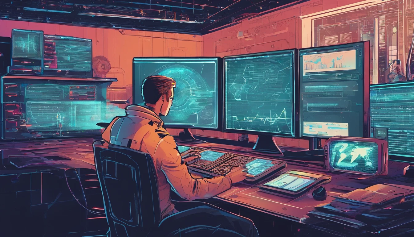 A man is drawing a candlestick chart on a computer, a space full of computers, mysterious