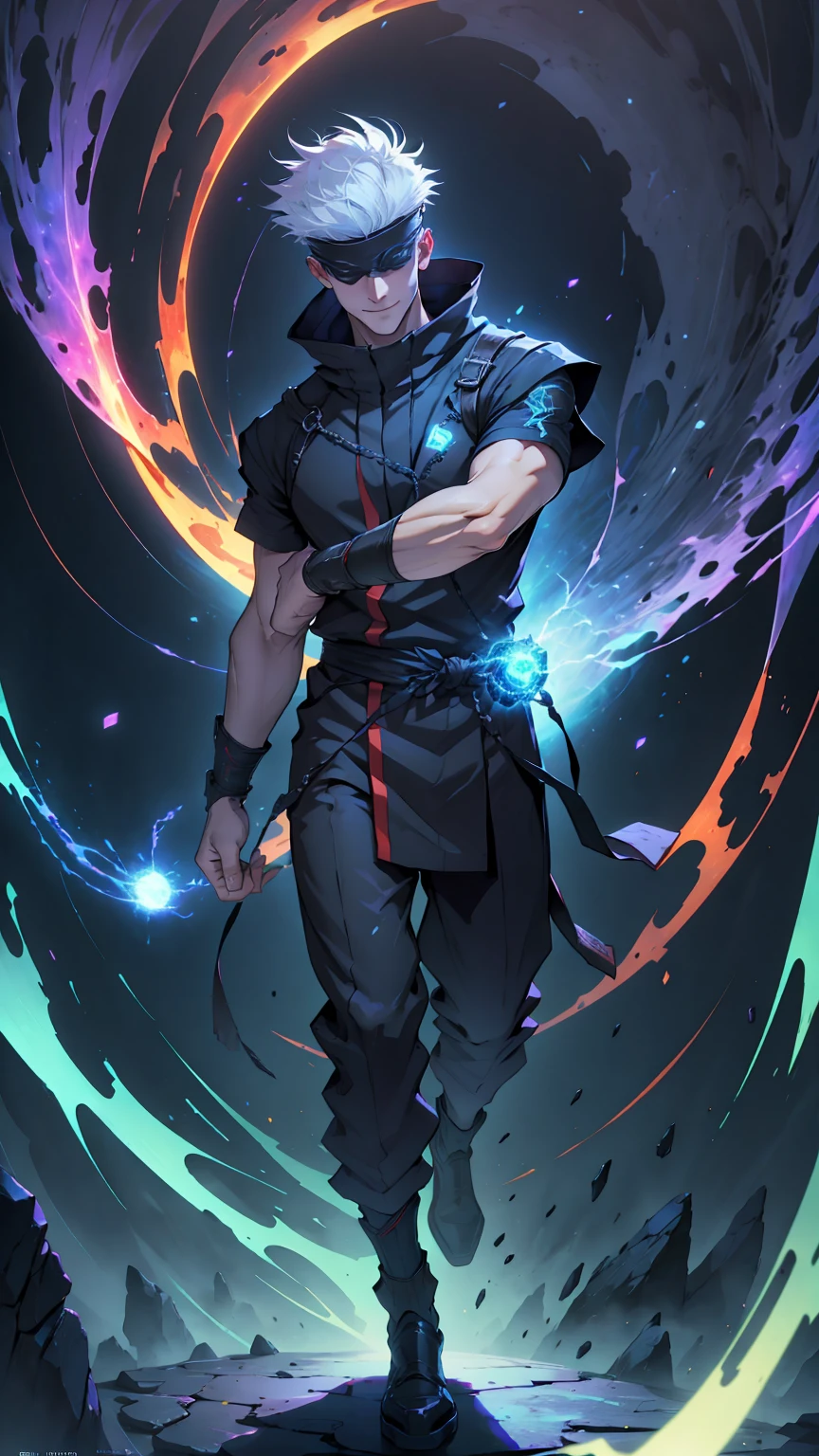 1boy, full body shot, perfect fingers, satoru gojo, blindfold, black outfit, white hair, use skill pose (( red energy void in right hand,blue energy void in left hand)), smirk, red and blue moon background, wallpaper, cinematic,High resolution 8K, Bright light illumination, lens flare, sharpness, masterpiece, top-quality, The ultra -The high-definition, high resolution, extremely details CG, Anime style, Film Portrait Photography,masterpiece,hyperdetail