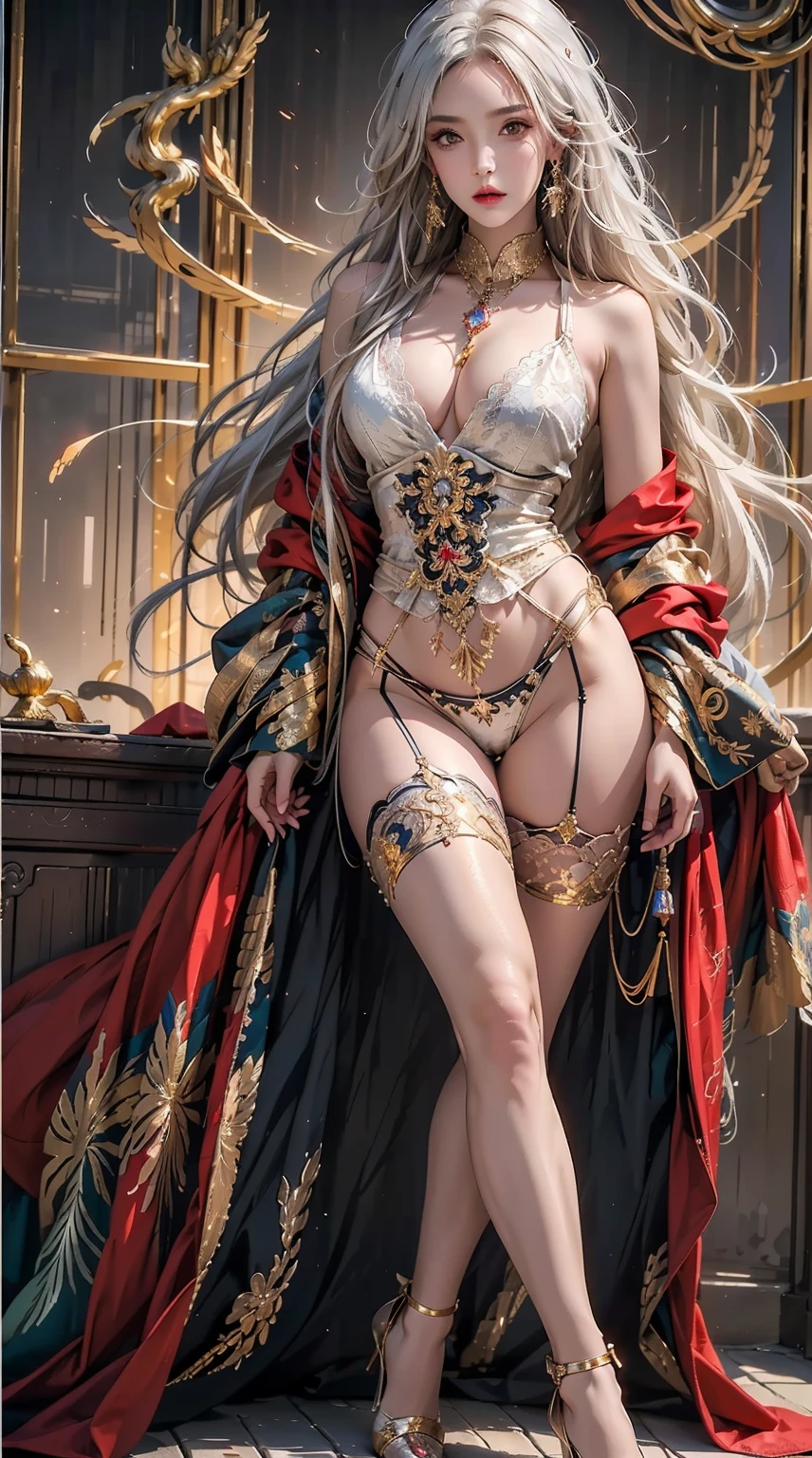 ((Masterpiece, Highest quality)), Detailed face, CharacterDesignSheet,full bodyesbian, Full of details, Multiple poses and expressions, Highly detailed, Depth, Many parteuaty girl,cinmatic lighting,with light glowing,Red and gold,Phoenix decoration,light yarn,Lace,lacepantyhose,high-heels, sheer tops, nude