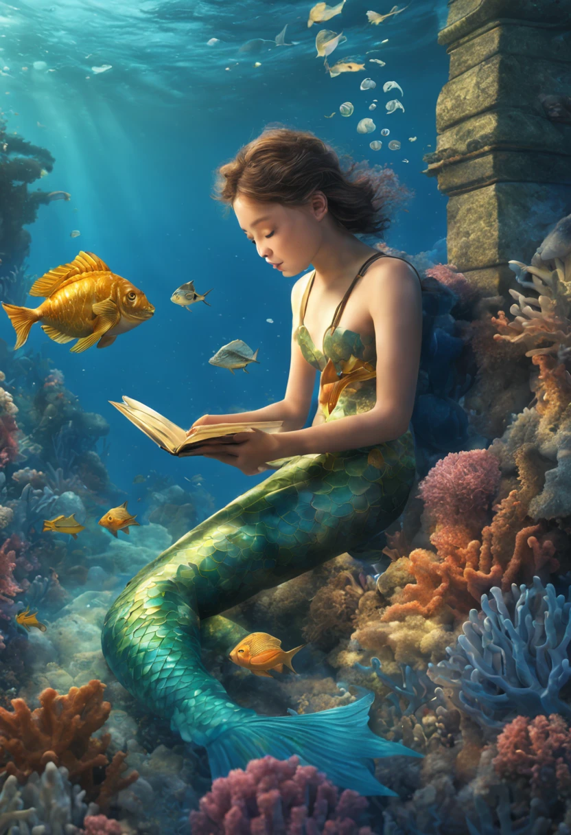 The sunny boy is looking at a book in front of him，Three-dimensional 3D real scenes appear in the book，The book presents a mini Golden Blue Korean Mermaid，blue sea bottom，blister，splash，Water driftinermaid swims gracefully，Surrounded by various corals，sea fish，sea turtle，dolphin，Very happy underwater world，There is an underwater castle ruins in the background，12k full hd, photo realistic, real picture