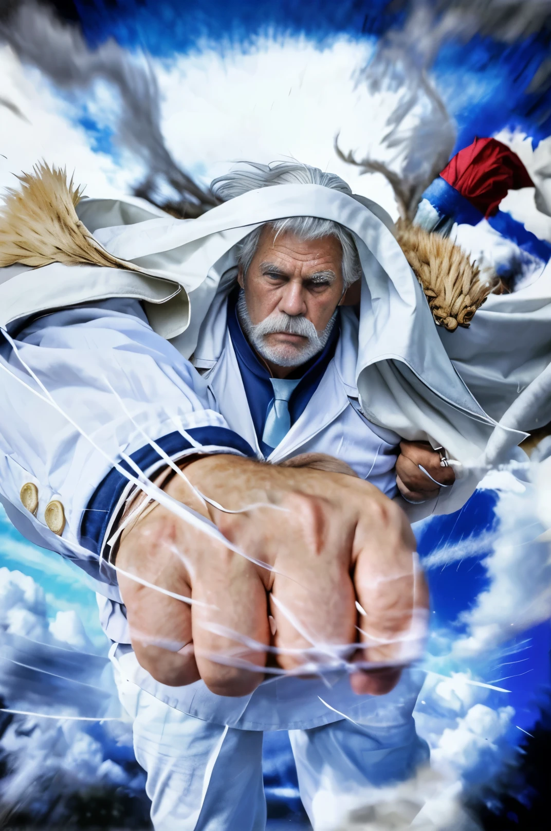 (masterpiece), (realistic), (ultra detailed), ( high reest quality), (photorealistic), (perfect face), old man, 1male, solo, American  (((muscular))), monkey d. Garp from one piece, monkey d. Garp, Garp, ((short hair)), ((white hair)), white beard, white mustache, wearing a torn dark blue t-shirt, wearing a blu tie, wearing white trousers, wearing white shoes, the character's face is full of anger, the character's body is covered in gusts of wind, detailed fingers