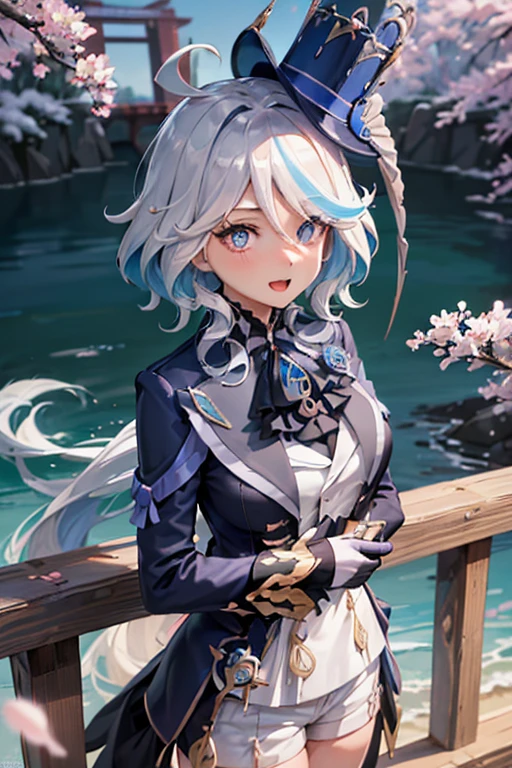 masterpiece, best quality, ultra-detailed, glistening shiny, glowing light, ray tracing, HDR, deph of field, (perfect face, detailed face, detailed eyes,perfect handedium boobs:1.2),8k,HD,ultra realistic face,ray tracing,perfect lighting,best quality, ultra-detailed, shiny eyes, (looking at viewer,open mouth smile:1.1), ((1girl)), (mature female:1.4),cowboy shot,thighs,pov,
furina,long hair,((gradient hair)),multicolored eyes, gradient eyes, (glowing eyes:1.5), mascara, (fashion make up), parted lips,blush,shirt, gloves, long sleeves, hat,jewelry,jacket, white shirt, flower,shorts, black gloves,ascot, thigh strap, blue jacket, brooch, gem, blue headwear, blue flower, white shorts, hat flower, blue rose, tilted headwear, blue gemstone, blue ascot
((middle of japanese countryside,japanese bridge,over the bridge,river,cherry trees,cherry petals,dark blue sky,Koi on river)),(complex background, many elements in the background:1.2),((super detailed background)), mistress poses, ((8k wallpaper)),