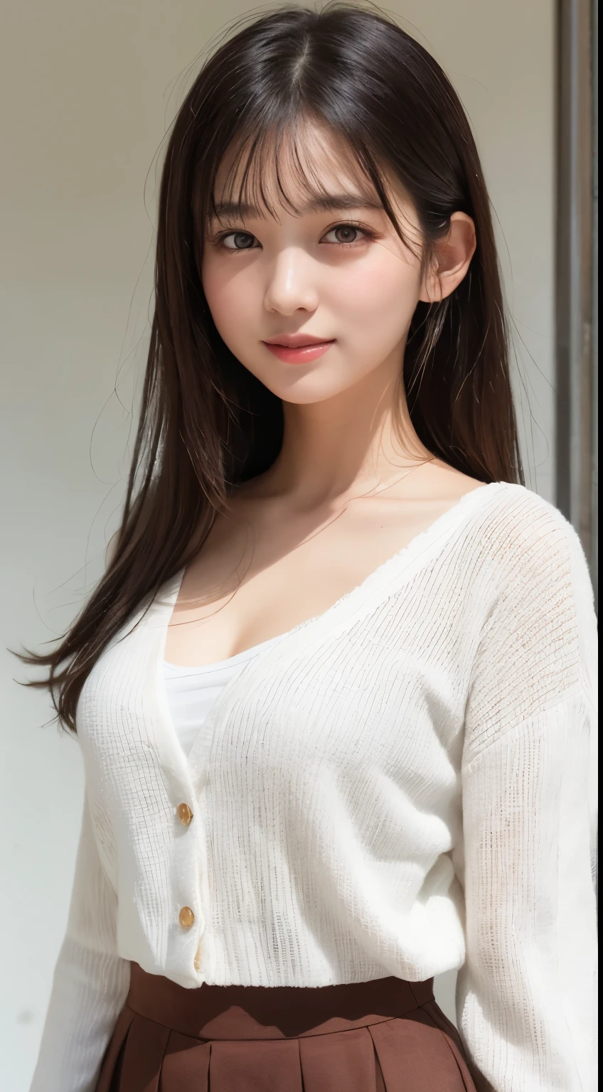 smile、laugh, Laughter、　White panties、night、Raw photo、(((ultimate beauty portrait)))、((glowing skin))、1 girl、15 year old beautiful girl from Prague、bright look、((brown hair))、(cleavage)、(flare skirt:1.5)、((Big eyes that shine like jewels))、open cardigan、open your clothes、pantyhose、Glossy and glossy skin、(medium hair)、(silky ponytail hair)、( Are standing)、(from below)、Under the skirt、(from below下着の接写)、eyeliner、beautiful bangs、hair between eyes、((masterpiece、最high quality、super detailed、film light、intricate details、High resolution、very detailed))、detailed background、8KUHD、Digital single-lens reflex camera、soft light、high quality、film grain、Fujifilm XT3 、shallow depth of field、natural soft light、Kamimei、rich bust