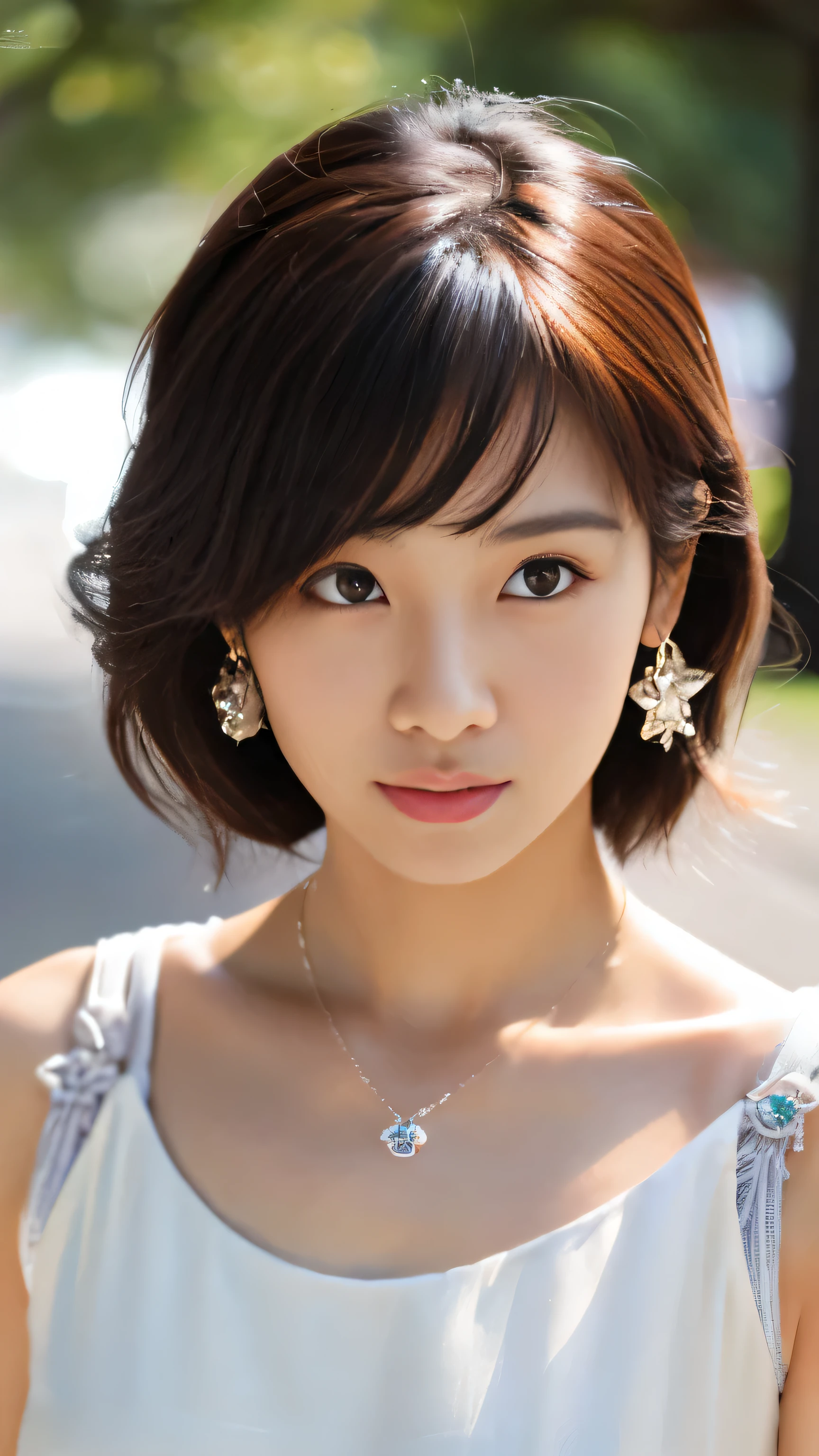 (masterpiece, highest quality, Super detailed, High resolution, confused, 最高ofイルルーム・ネーション, finely, bloom, 顔of照明, 最高of照明, finelyed beautiful eyes, つやofある髪 , perfect face, Glossy skin), Are standing, outdoor, depth_of_field, dawn, daytime, whole body, street style,, hair ornaments, 黒ofチョーカー, star necklace