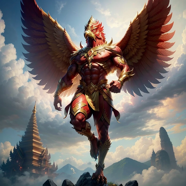 (Garuda 1, Garuda male human form) Red eyes, red body with muscles. Best anatomy: Red Garuda, Red Feathered Garuda, Big Red Winged Garuda. perfect wingspan Wear jewelry made from gold with Thai patterns. Gold jewelry decorated with diamonds on Garuda's head Wearing Thai cloth pants, Thai silk, red Thai pattern. Hands on hands and legs look like perfect birds. Hands, legs, feet are perfect. Stand on the ground, look straight, stand fully. The skin is the most detailed. The skin is red. The red feathers are the most detailed. Red eyes, best detail The best anatomical details, details, cloth, accessories, Thai warrior armor. Best Metal Details Best Weapons Best Weapon Details (Special details Masterpiece quality Realistic Photos(Ultimate Realistic Photos 8k,16k,32k) Maximum realism and best lighting details. Best light quality, best shadows World class photography studio (Best close-up view)(The backdrop of the Thai temple castle is extinguished with gold, silver, emeralds, diamonds, perfect. The background is sky, clouds, fog. It feels natural and realistic))