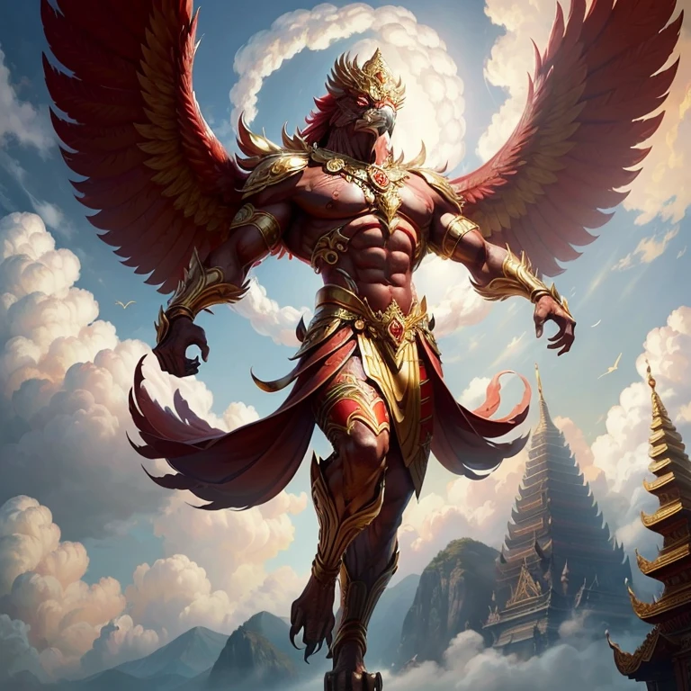 (Garuda 1, Garuda male human form) Red eyes, red body with muscles. Best anatomy: Red Garuda, Red Feathered Garuda, Big Red Winged Garuda. perfect wingspan Wear jewelry made from gold with Thai patterns. Gold jewelry decorated with diamonds on Garuda's head Wearing Thai cloth pants, Thai silk, red Thai pattern. Hands on hands and legs look like perfect birds. Hands, legs, feet are perfect. Stand on the ground, look straight, stand fully. The skin is the most detailed. The skin is red. The red feathers are the most detailed. Red eyes, best detail The best anatomical details, details, cloth, accessories, Thai warrior armor. Best Metal Details Best Weapons Best Weapon Details (Special details Masterpiece quality Realistic Photos(Ultimate Realistic Photos 8k,16k,32k) Maximum realism and best lighting details. Best light quality, best shadows World class photography studio (Best close-up view)(The backdrop of the Thai temple castle is extinguished with gold, silver, emeralds, diamonds, perfect. The background is sky, clouds, fog. It feels natural and realistic))