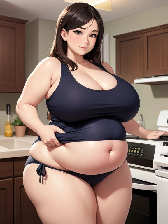  Housewife, chubby, soft body, pregnant belly, big thighs, one navel, tank top, bikini panties