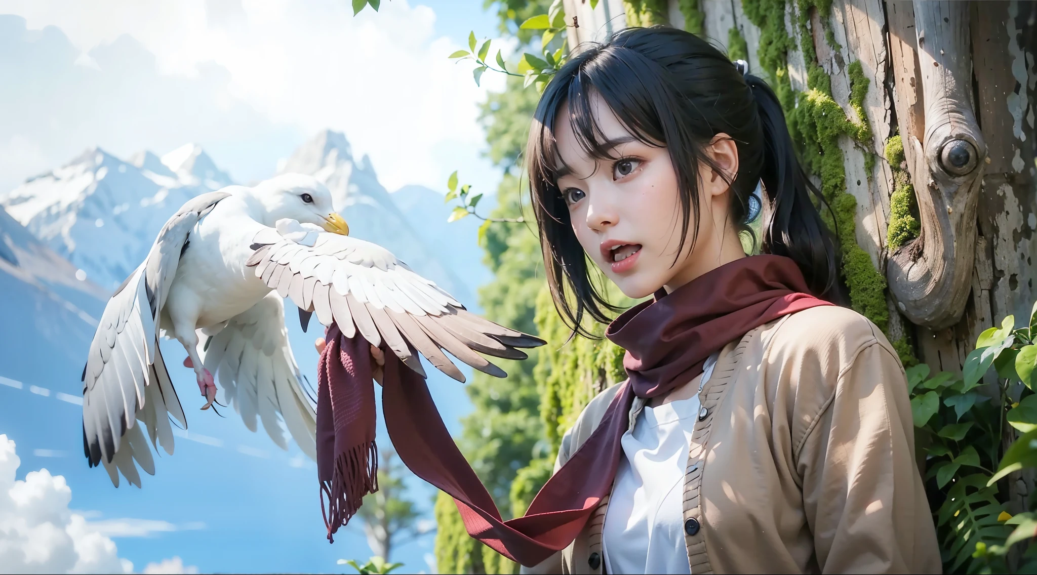 shedding tears、expression of surprise：1.1、鳥を見るfemale、profile、ponytail、hand knitted red scarf：1.3、seagull：1.2、white simple shirt、blue sky、１giant book tree、giant tree with moss、detailed hair、23 years old、female：1.2、black hair、movie writing、pink cardigan、white shirt、gray eyes、(best quality, 8K, 32K, muste piece, ticker:1.2)