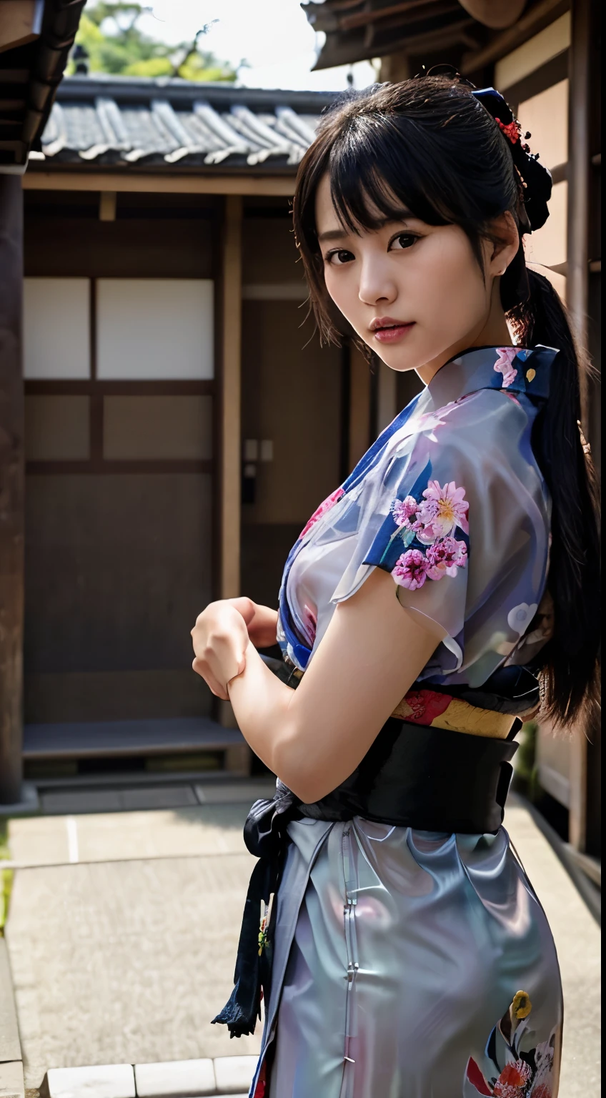 NSFW、最high quality、high quality、best image quality、8k、最High resolution、High resolution、最high quality、masterpiece、Depth of object being written、RAW photo、realistic atmosphere、(detailed face)、(fine hands、thumb1reference4)、(beauty of japan )、very nice face、cute face、((beautiful japanese girl))、(日本people女性), ((multiple girls))、((Girls hugging each other2people))、((18 year old beautiful girl))、(glossy black hair)、(straight long hair)、(ponytail)、whole body、slim style、(shiny skin)、(Fair skin, Glossy skin)、本物のpeople間の皮膚、リアルなpeople体の構造、perfect body, perfect face, perfect hands, perfect fingers, perfect lips, perfect eyes,perfect teeth、perfect background, perfect atmosphere, natural soft light、photon mapping、samurai kimono、maiko kimono、attendant、geisha kimono、Japanese kimono、japanese traditional、((Kimono with floral pattern(Sheer、Sexy、Transparent、Erotic))、In front of a samurai residence in Japan、((Random color with floral pattern(samurai kimono、Hakama with slit))